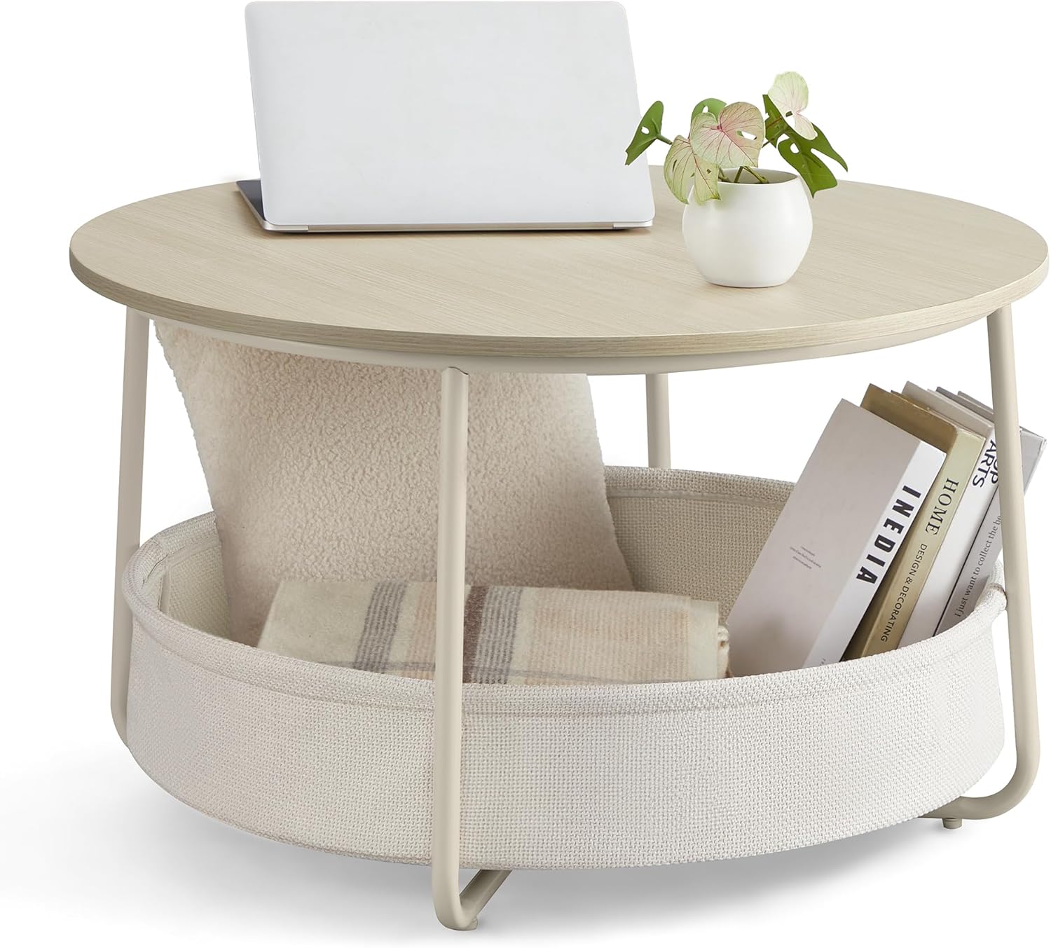 Runder Couchtisch mit Stoffkorb und Metallrahmen Beige