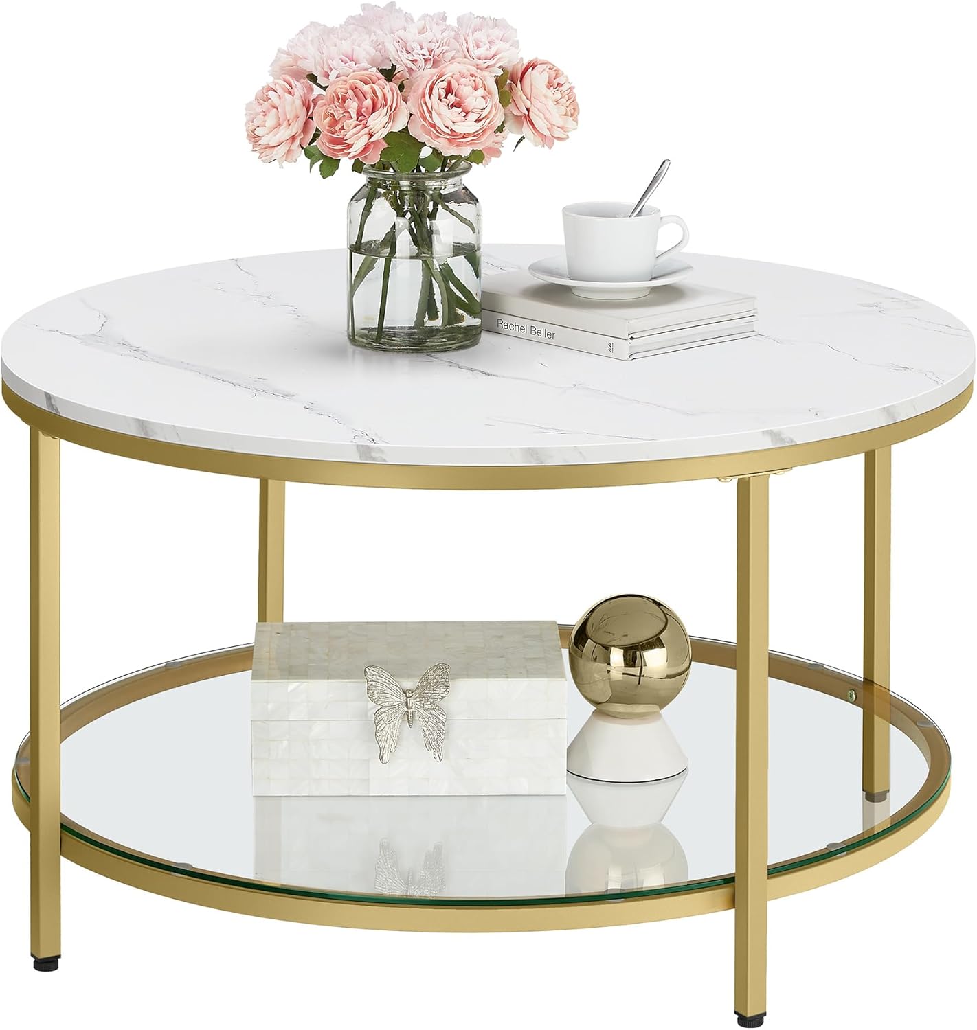 Couchtisch Glasplatte Marmor Optik Wohnzimmer Stauraum Gold