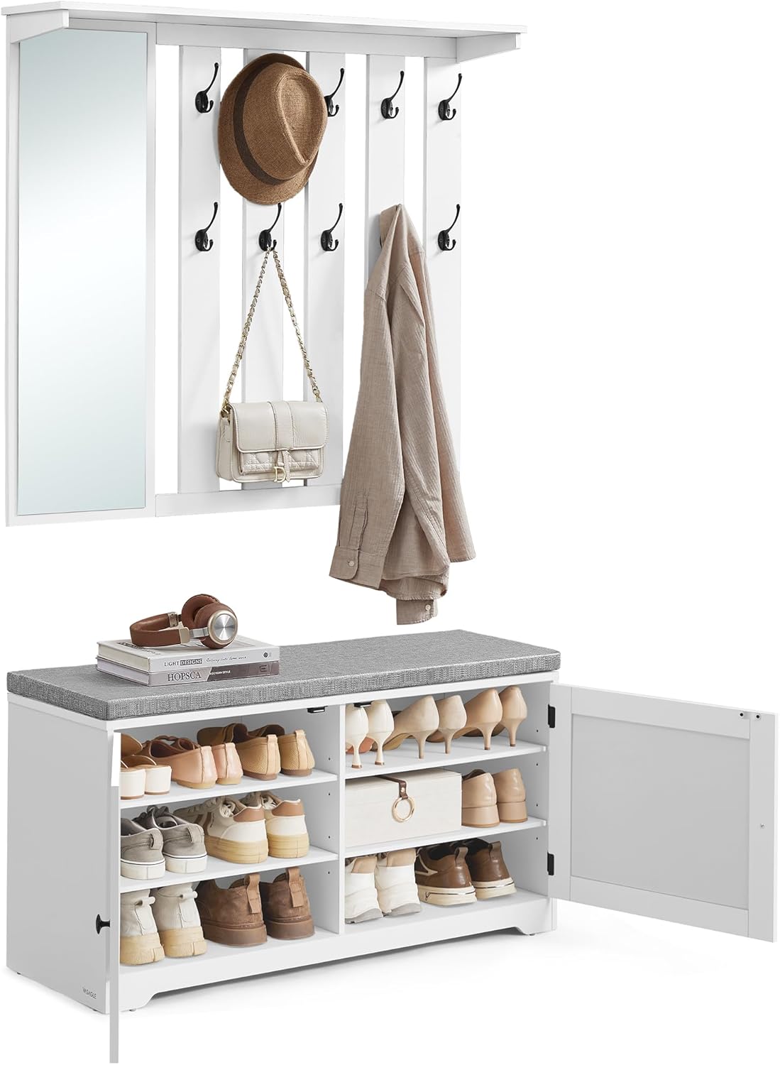 Schuhbank Set mit Spiegel Garderobe Haken Sitzpolster weiss