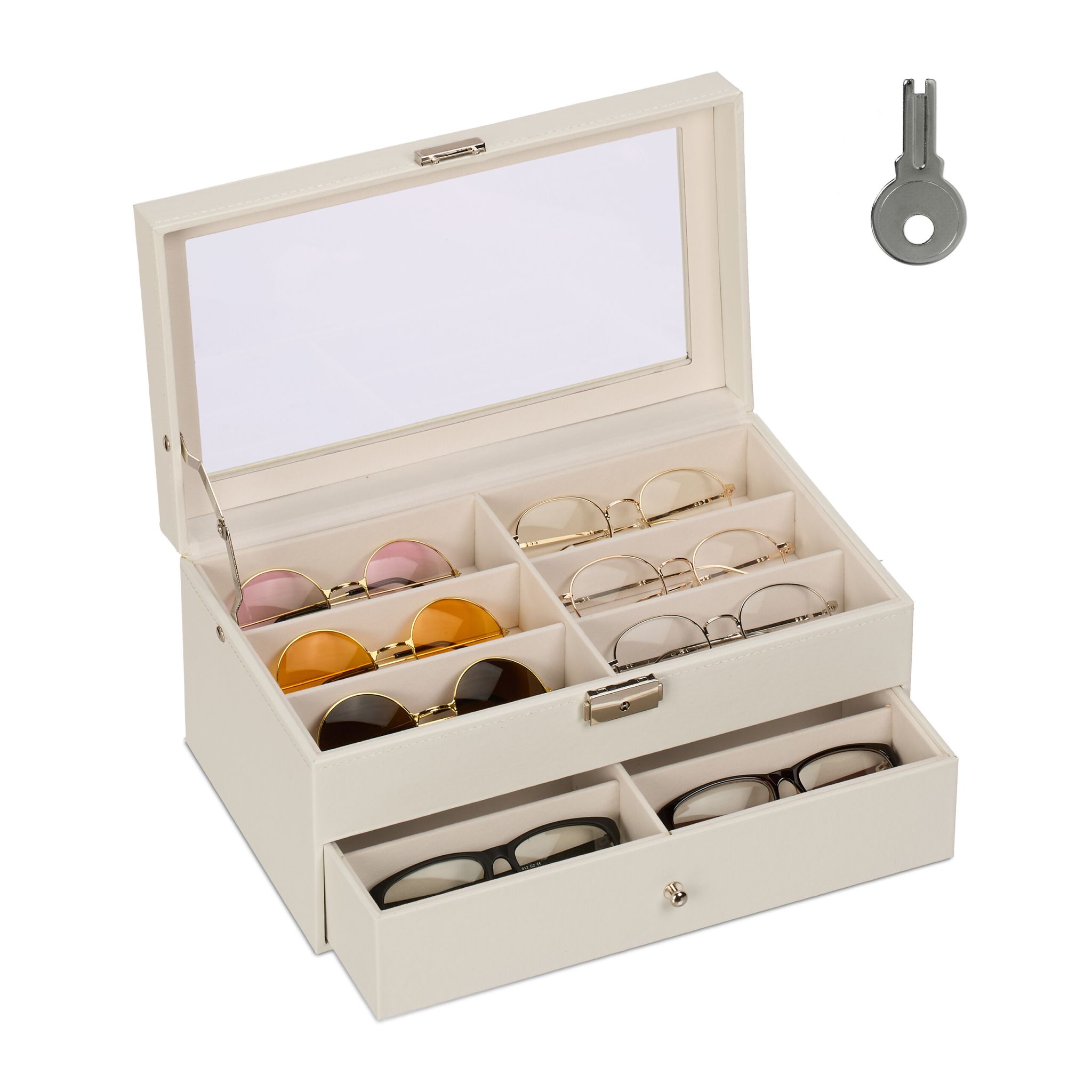Brillenbox für 12 Brillen Weiss-Creme-Silber