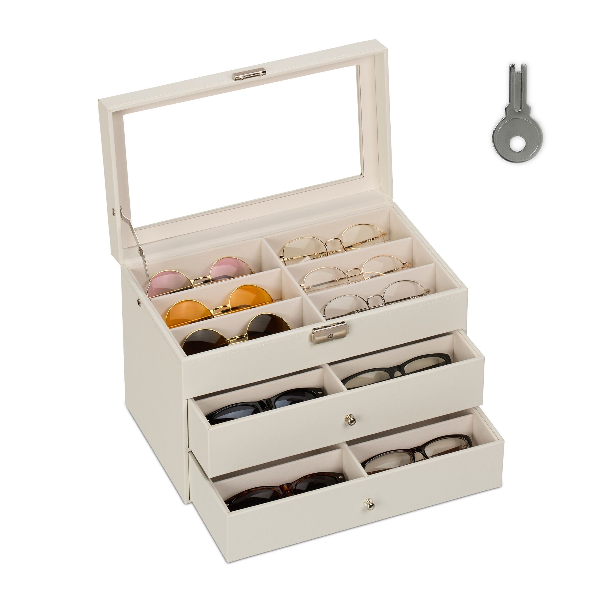 Brillenbox für 18 Brillen Weiss-Creme-Silber