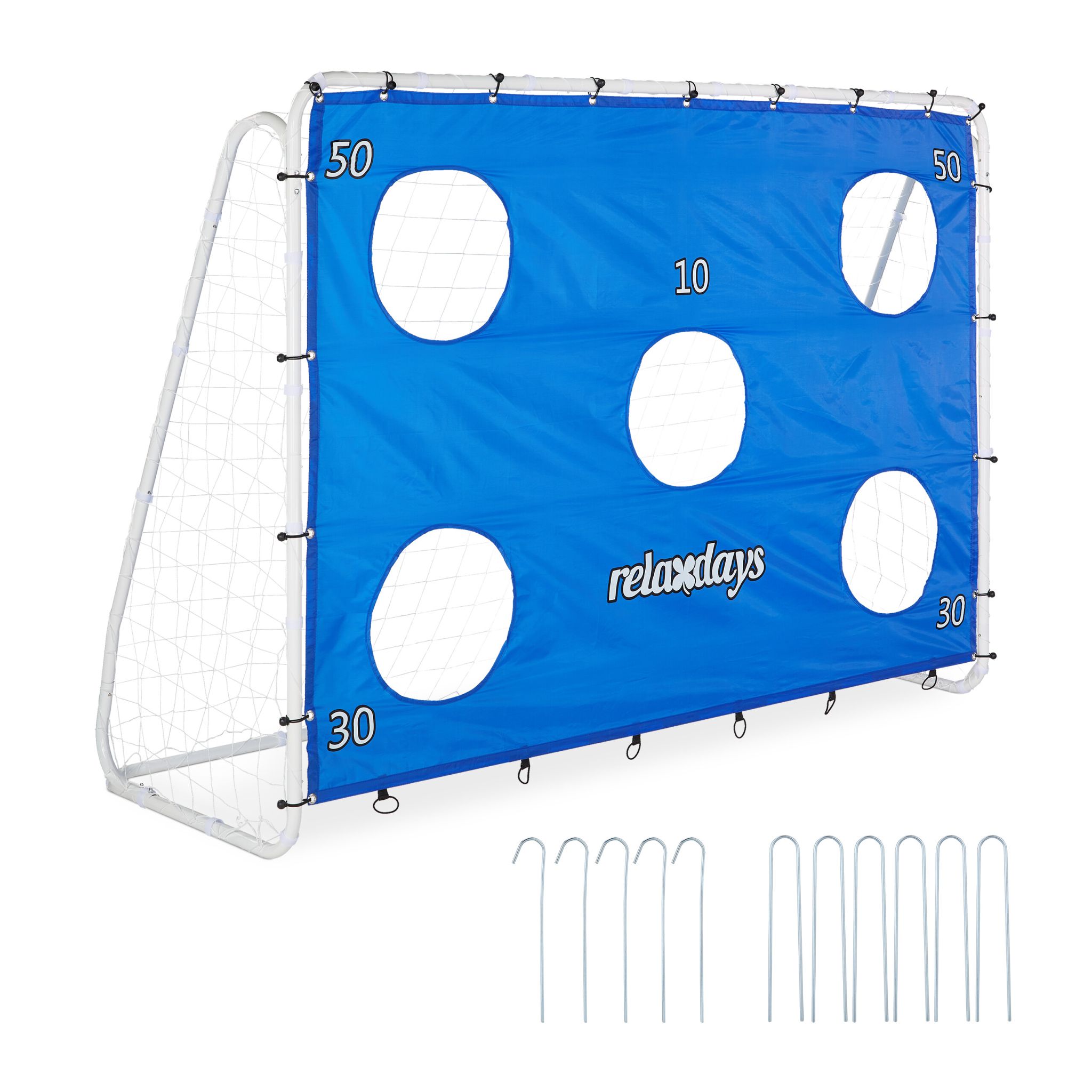Grosses Fussballtor mit Torwand Weiss-Blau-Schwarz