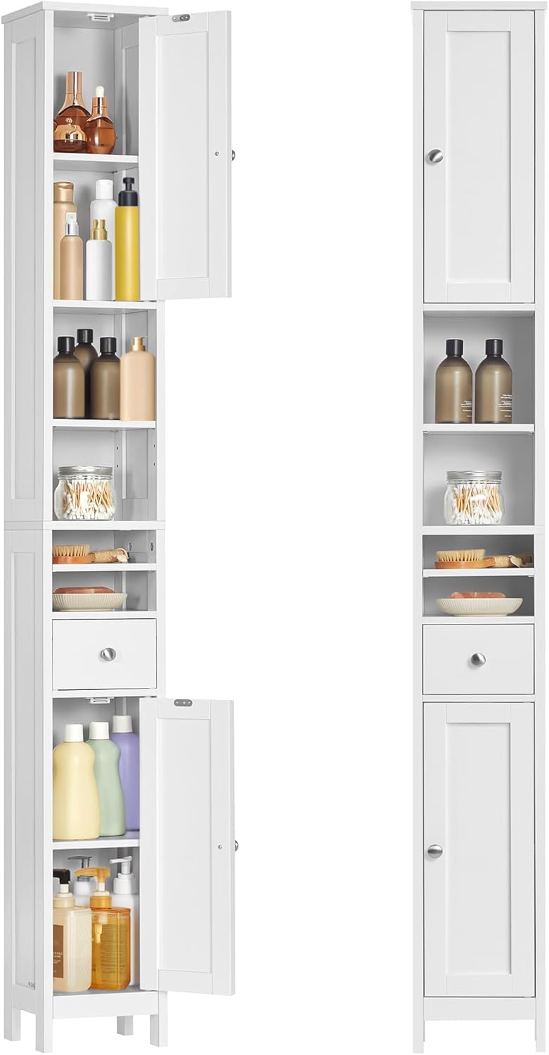 Badezimmerschrank hoch schmal mit Schublade und Ablagen weiss
