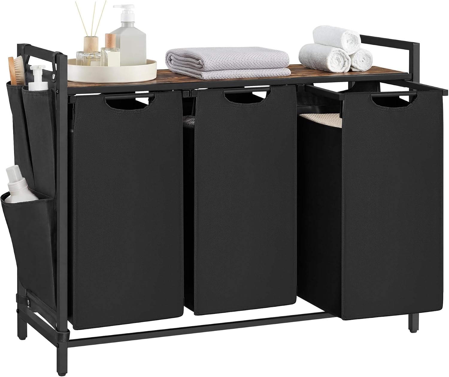 Wäschekorb mit 3 Fächern und Ablage, tintenschwarz-vintagebraun