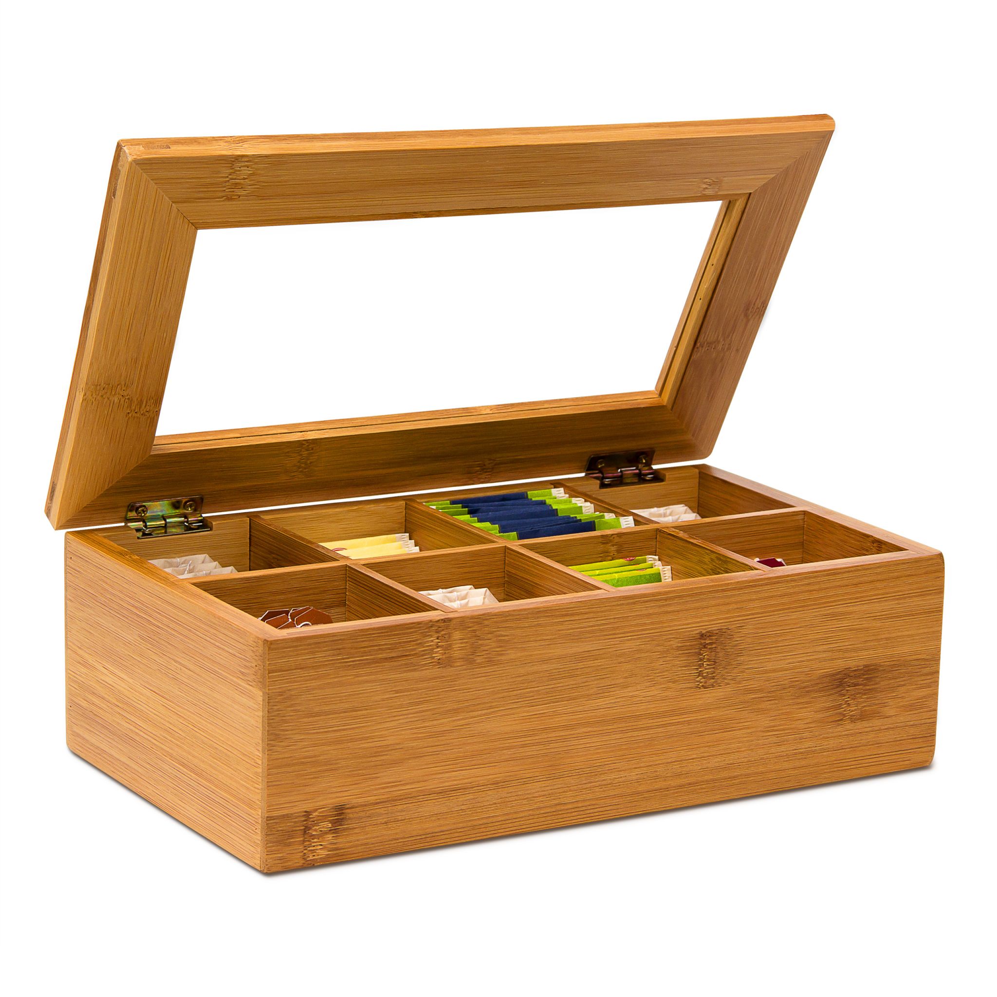 Teebox Bambus lackiert 6 und 8 Fächer Hellbraun