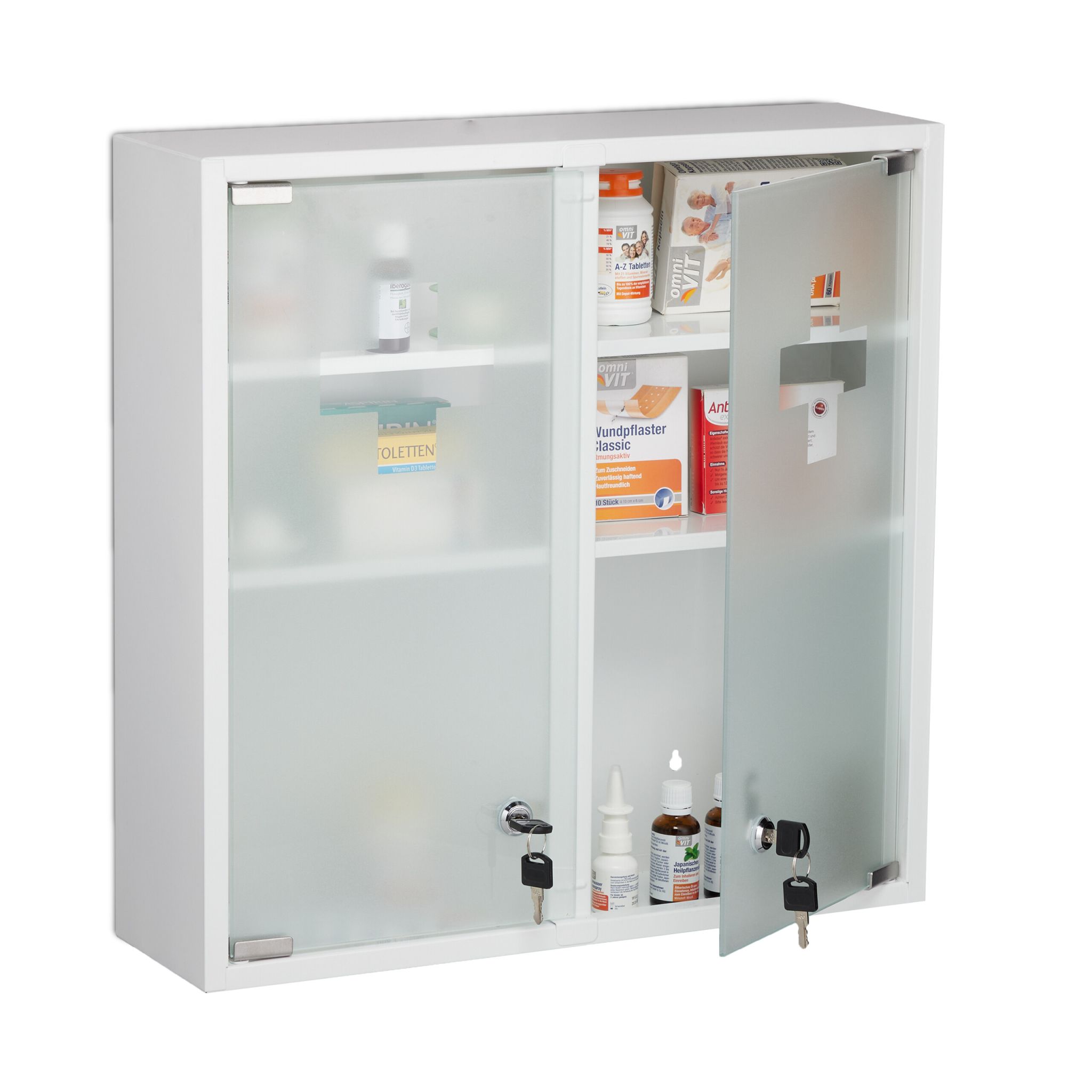 Abschliessbarer Medizinschrank Doppeltür Weiss-Silber-Transparent