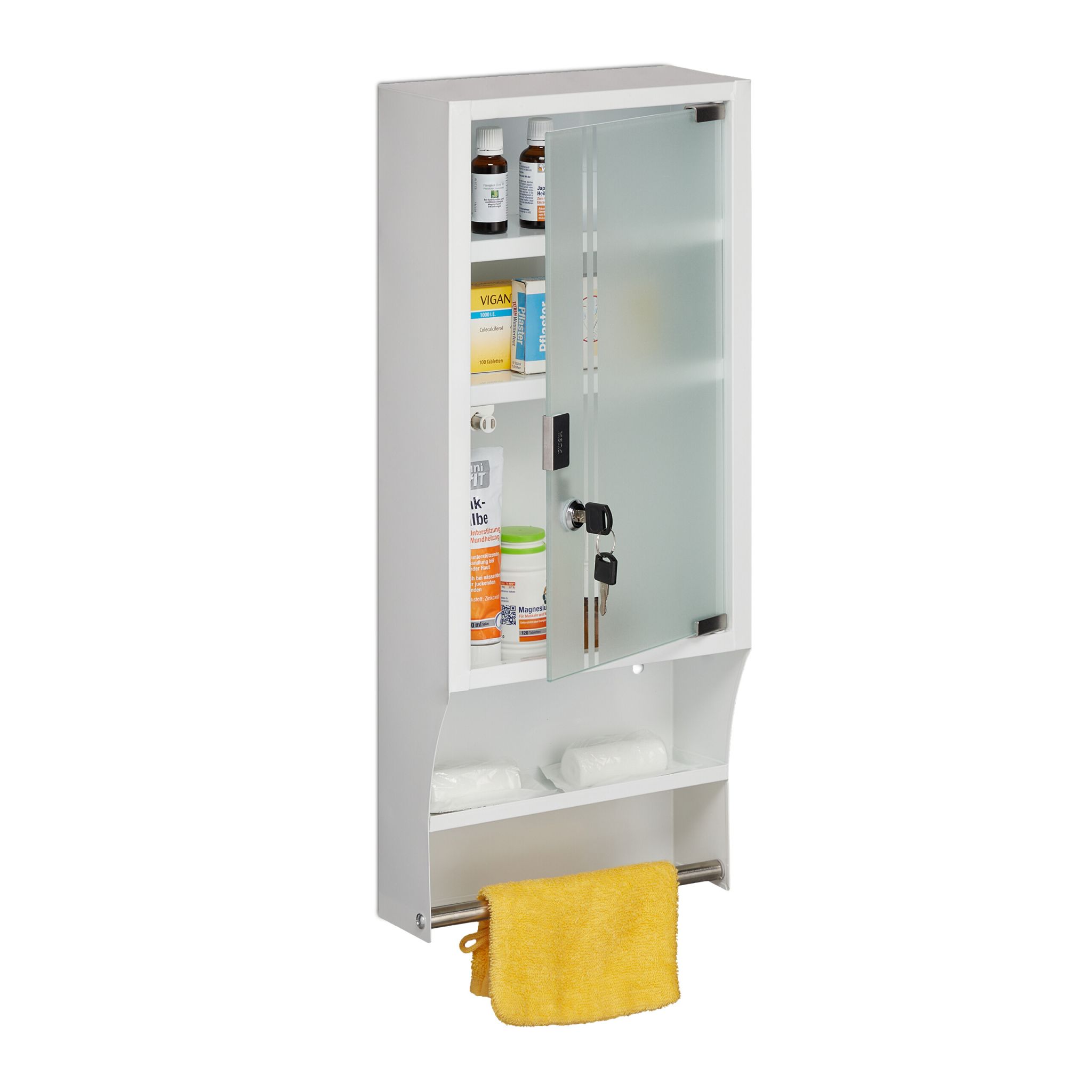 Abschliessbarer Medizinschrank Glastür Weiss-Silber-Transparent