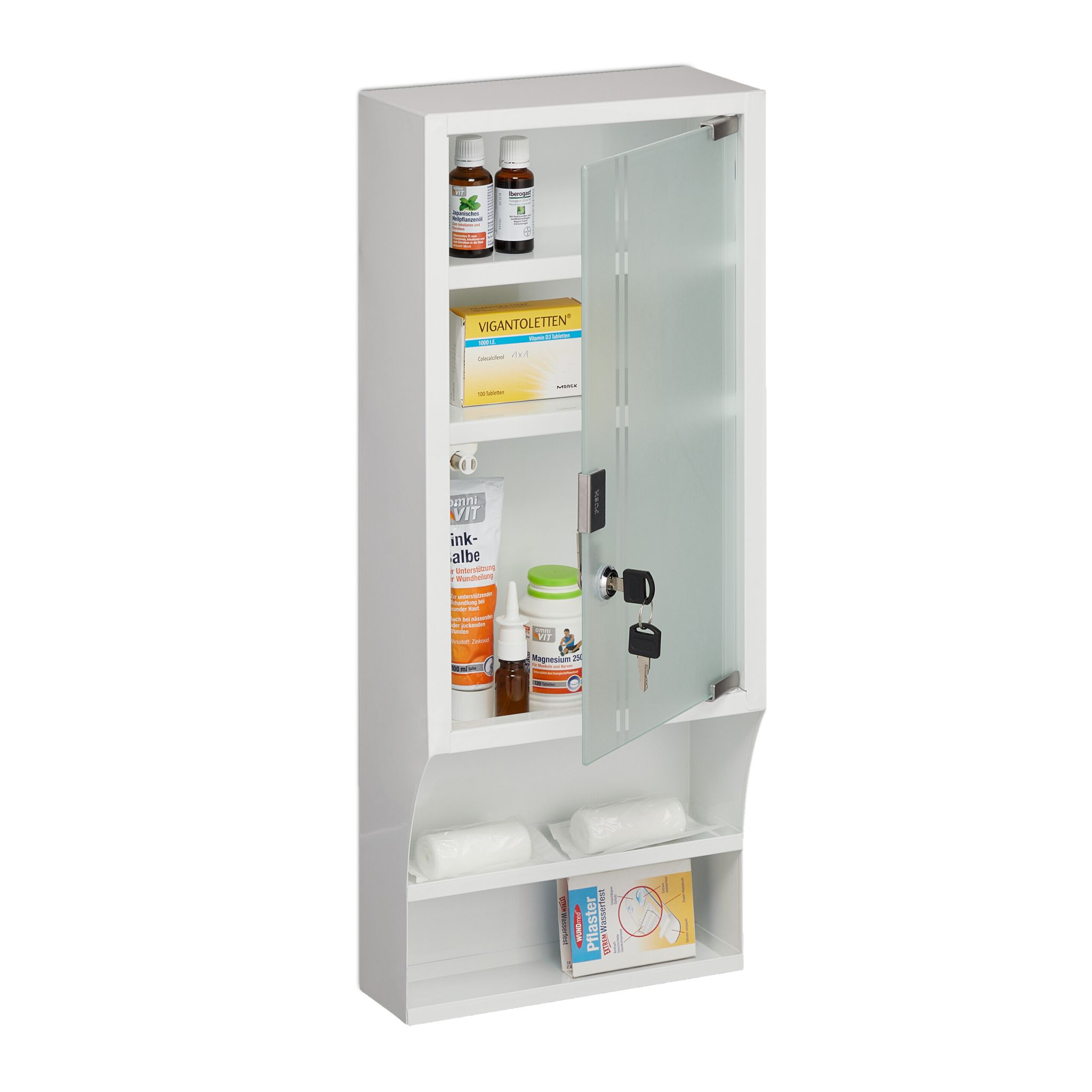 Abschliessbarer Medizinschrank Glastür Weiss-Silber-Transparent