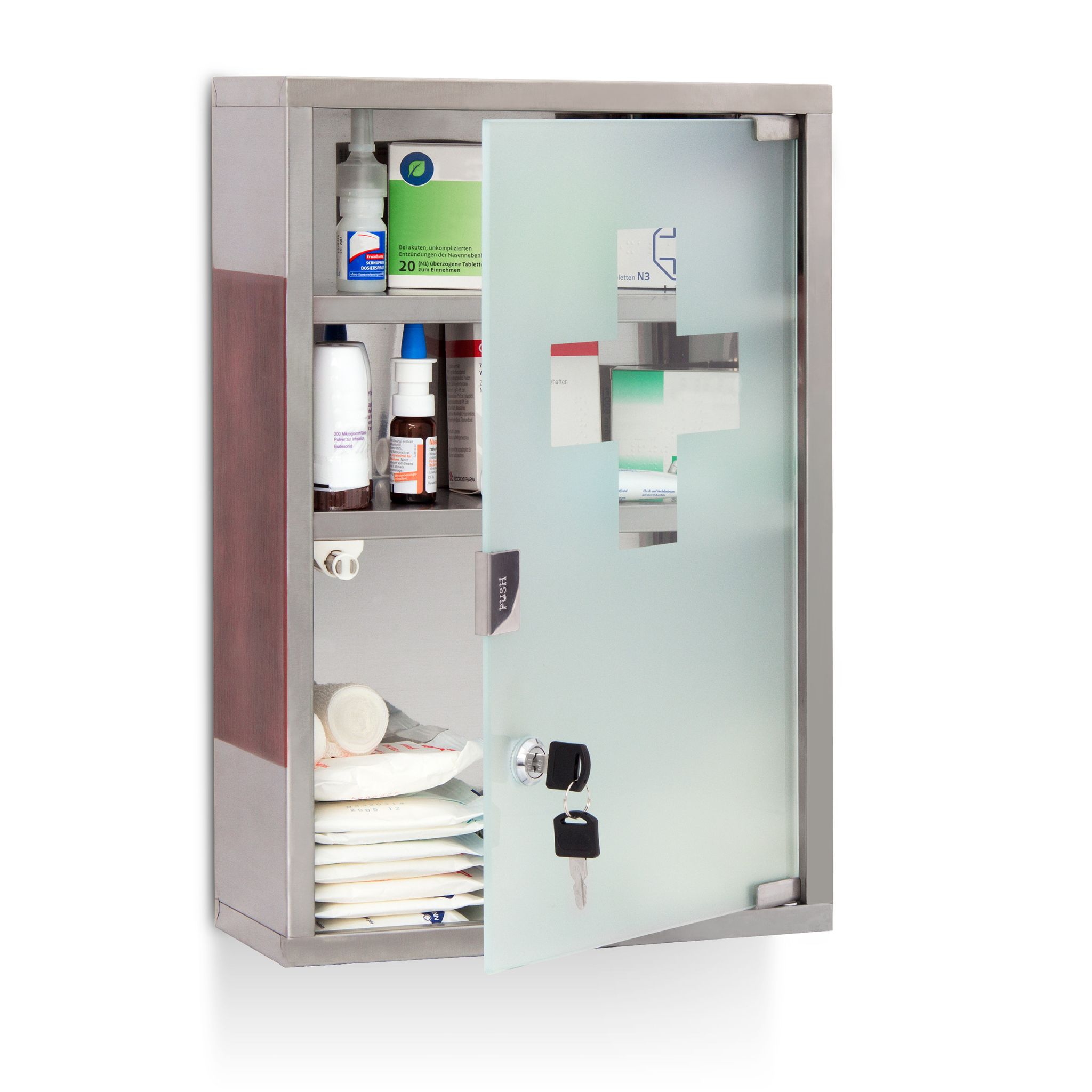 Medizinschrank EMERGENCY Edelstahl XL Braun-Silber-Transparent
