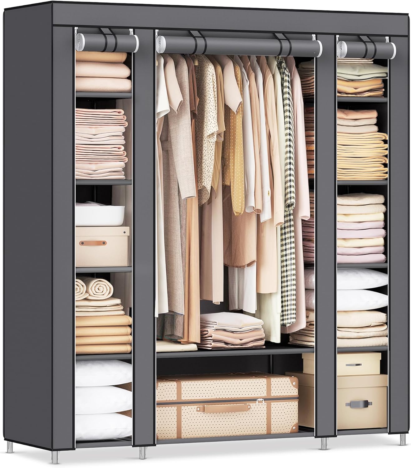 Kleiderschrank mit Ablagen und Stange Grau