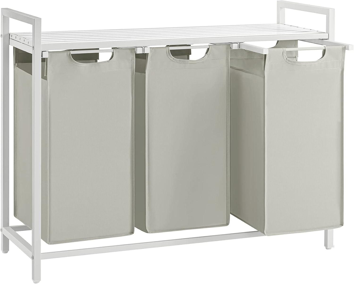 Wäschekorb mit 3 Fächern und Ablage, cremeweiss-mattweiss