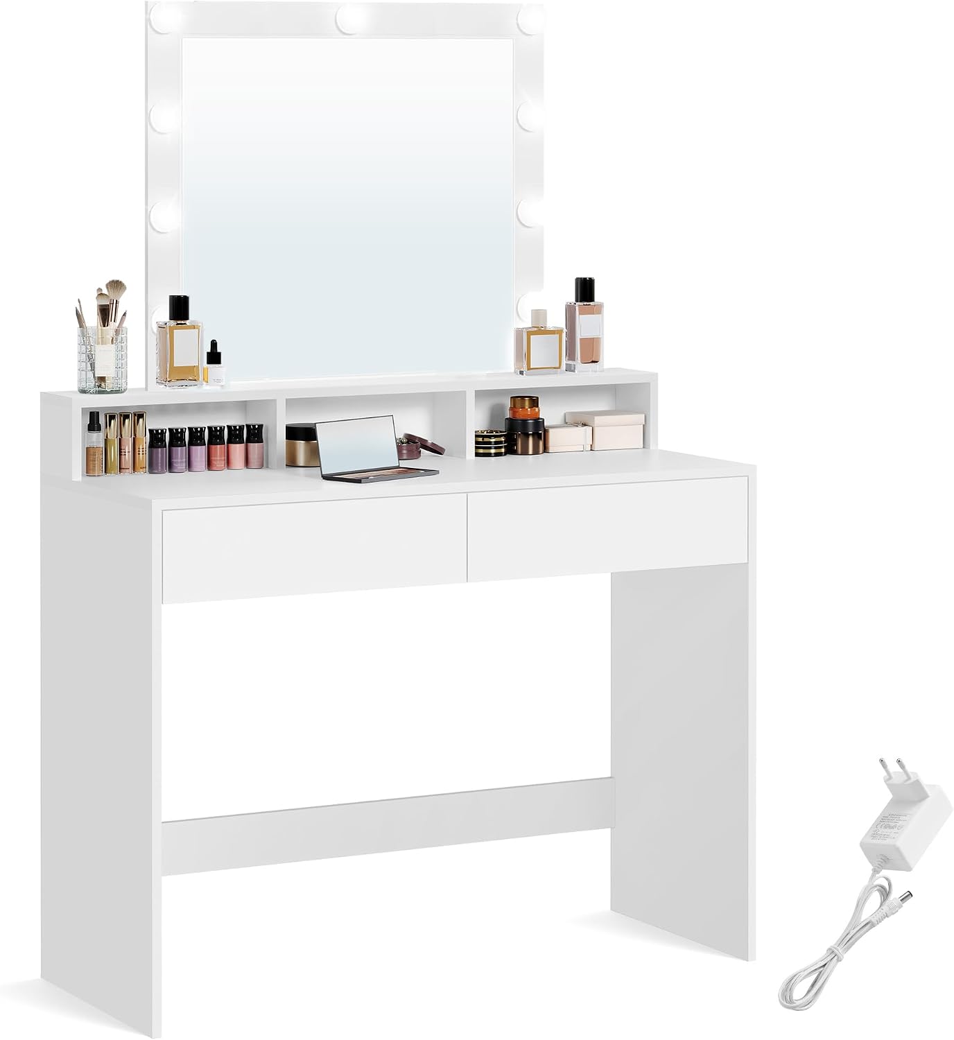 Schminktisch LED Beleuchtung Spiegel Schubladen, 100 x 40 x 145 cm, Weiss