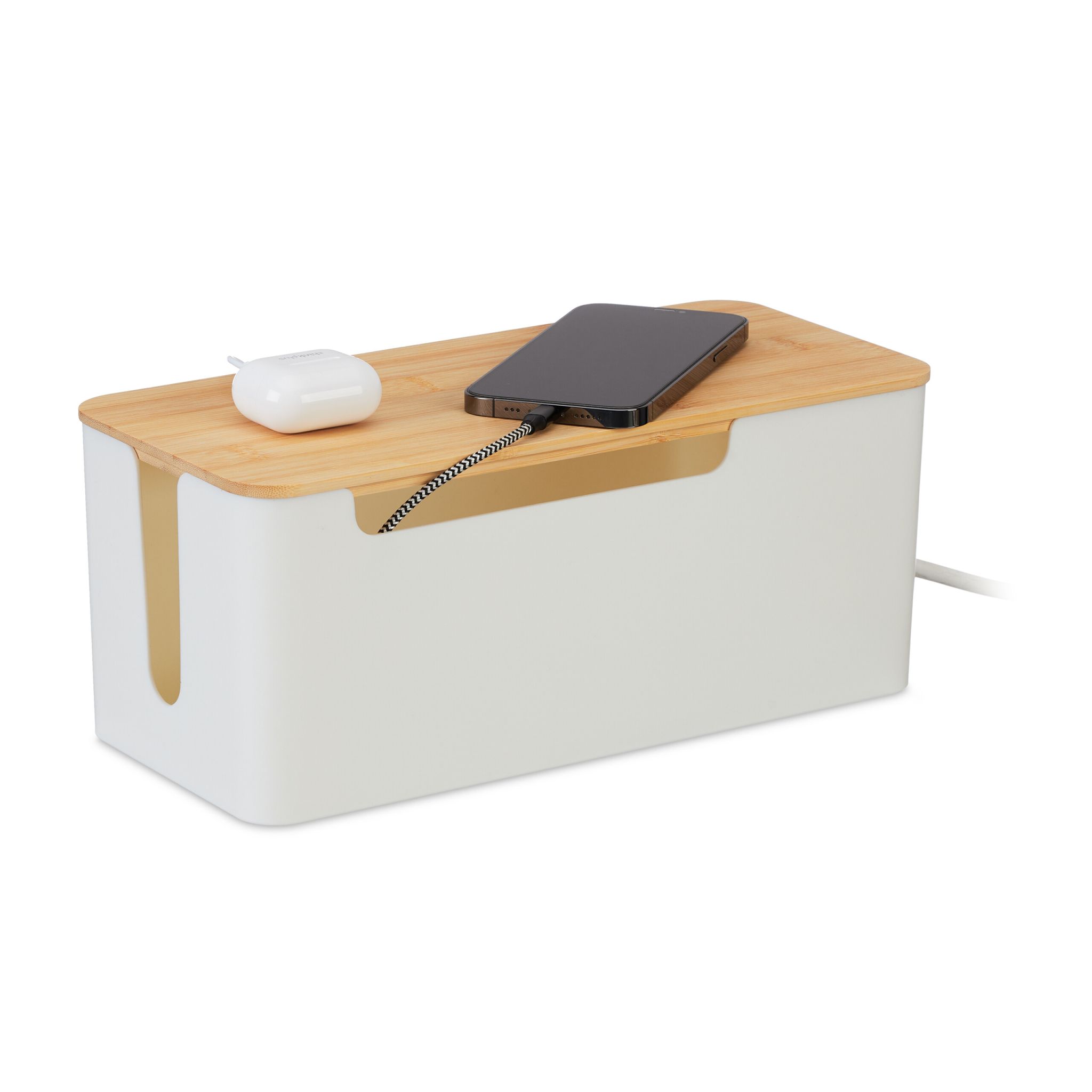 Kabelbox mit Bambusdeckel Weiss-Hellbraun