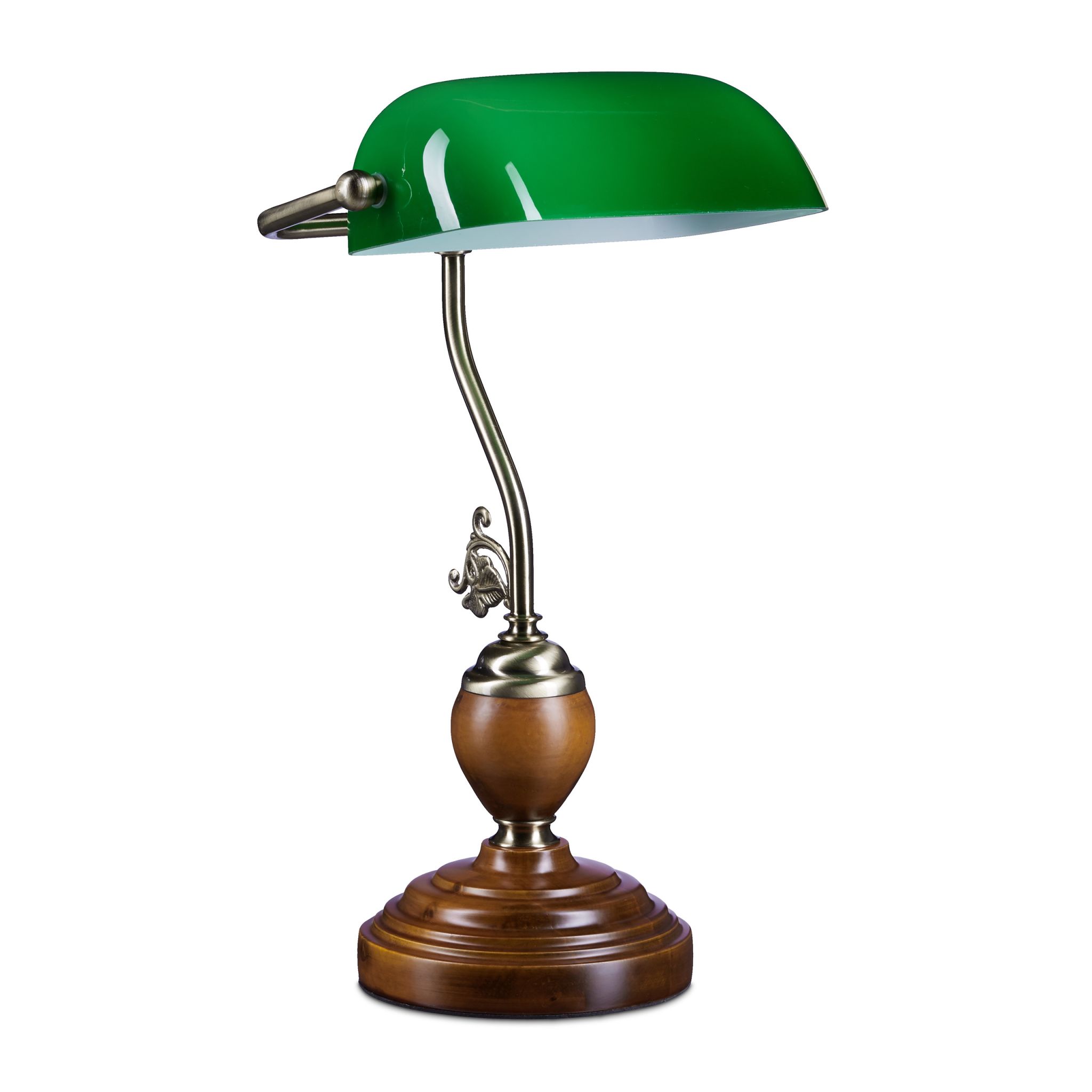 Bankerlampe JONES mit Holzfuss Braun-Dunkelgrün-Gold