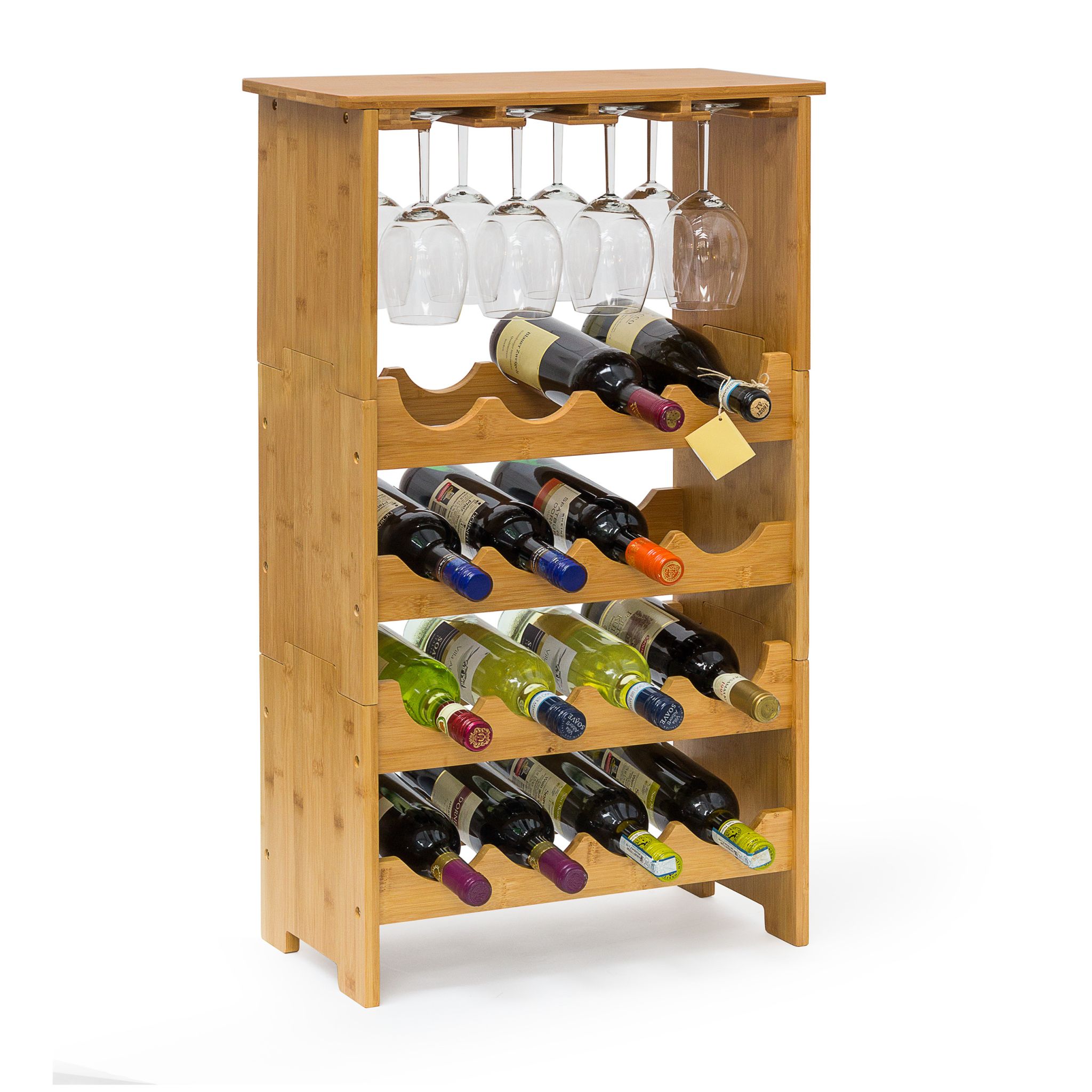 Weinregal Bambus 16 Flaschen + 12 Gläser Hellbraun