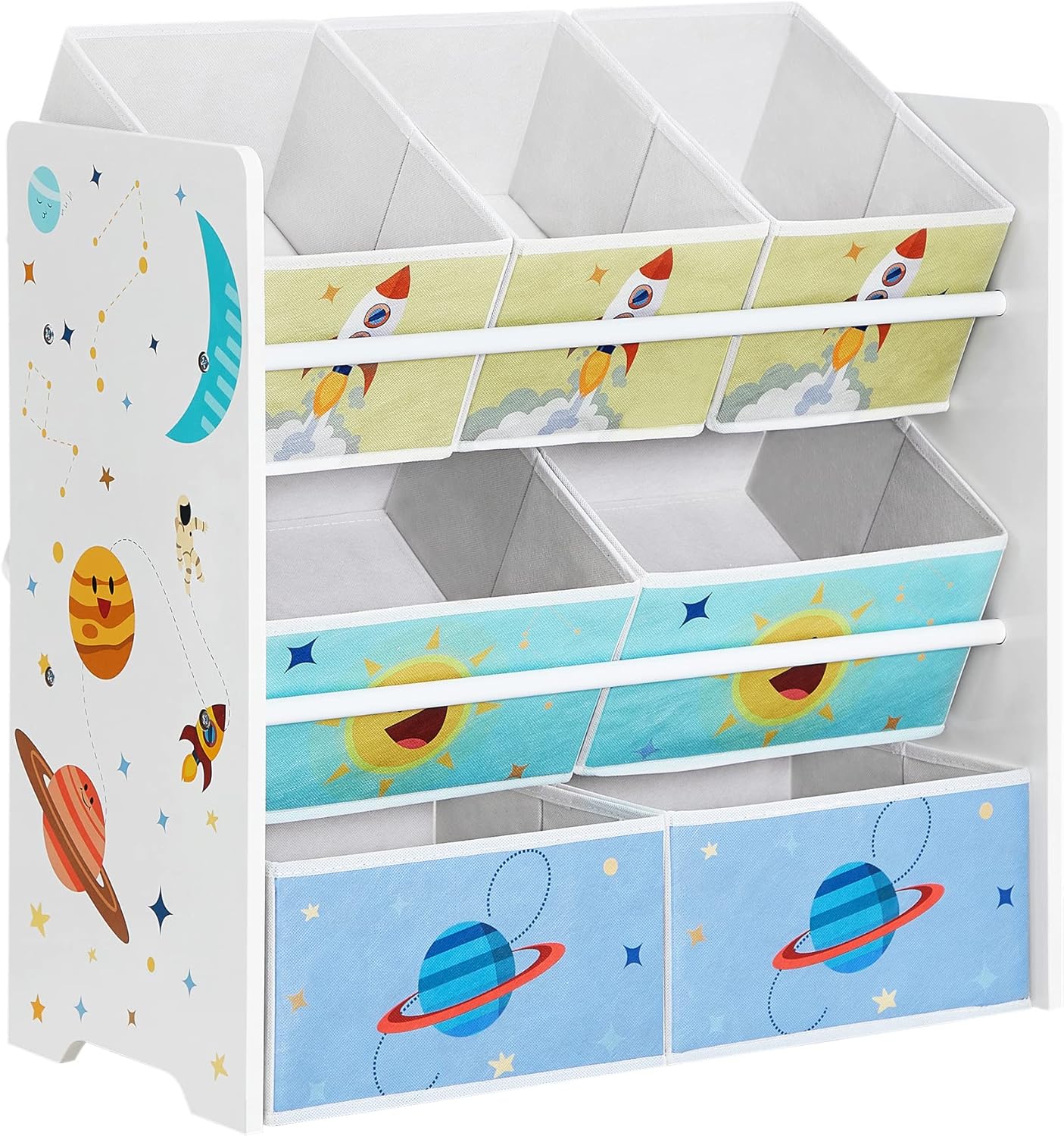 Kinderzimmerregal Weltall mit 7 Aufbewahrungsboxen Weiss