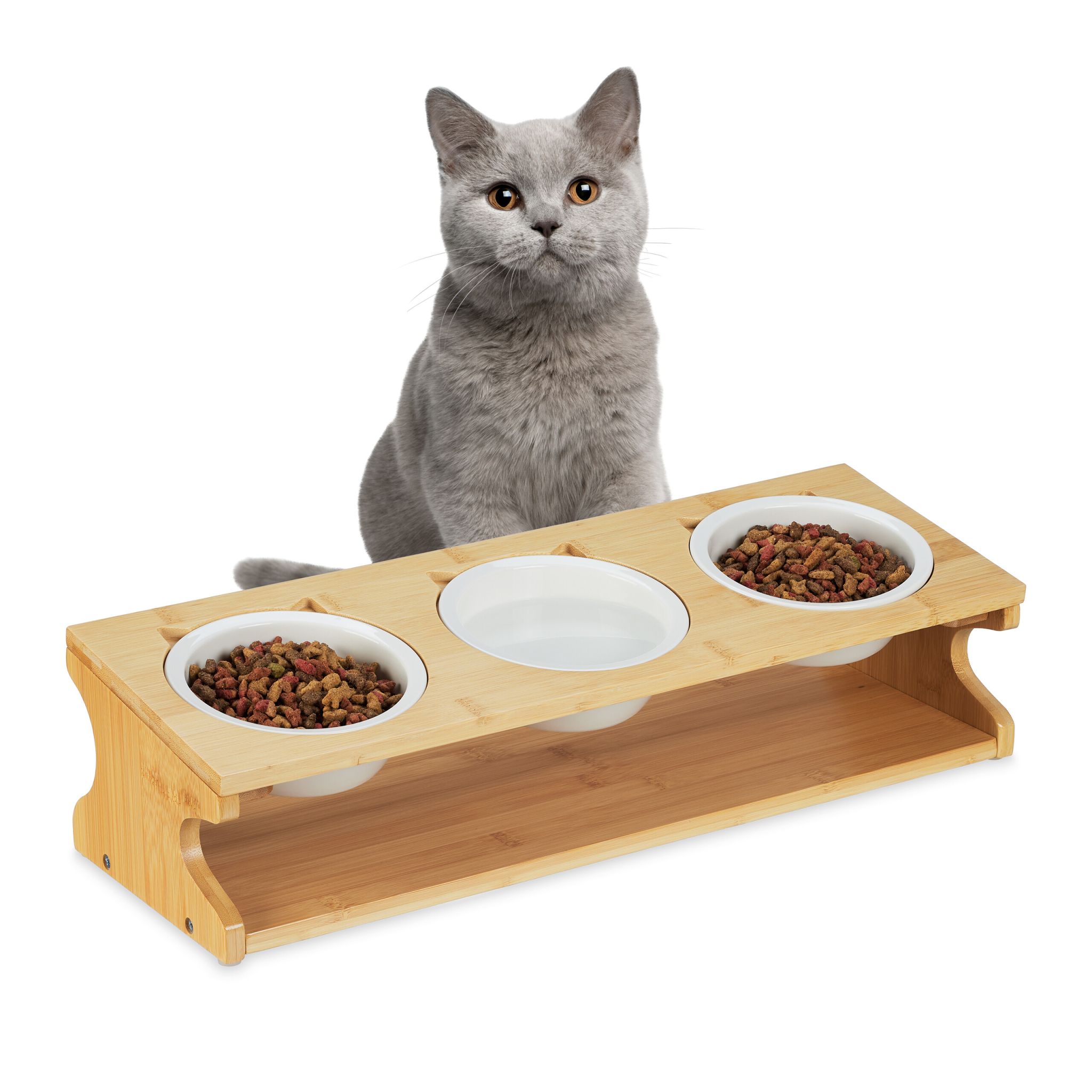 Katzen Futterstation mit 3 Näpfen Weiss-Hellbraun