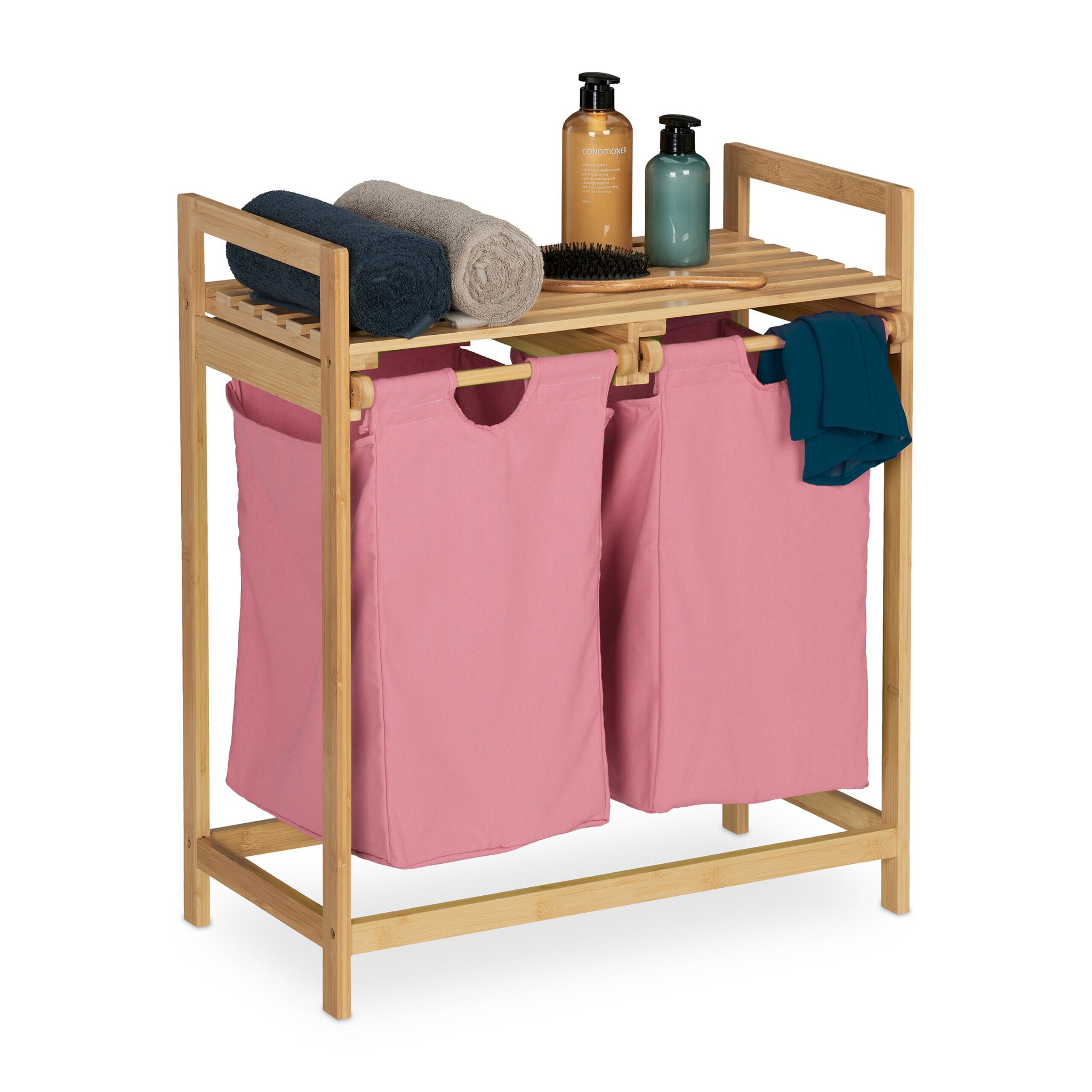 Wäschekorb Regal Bambus Hellbraun-Rosa