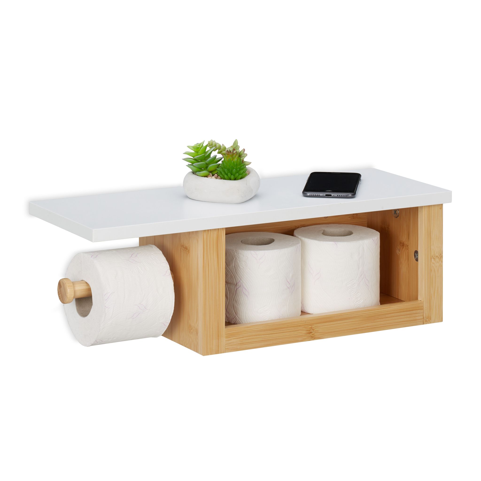 Bambus Toilettenpapierhalter mit Ablage Weiss-Hellbraun