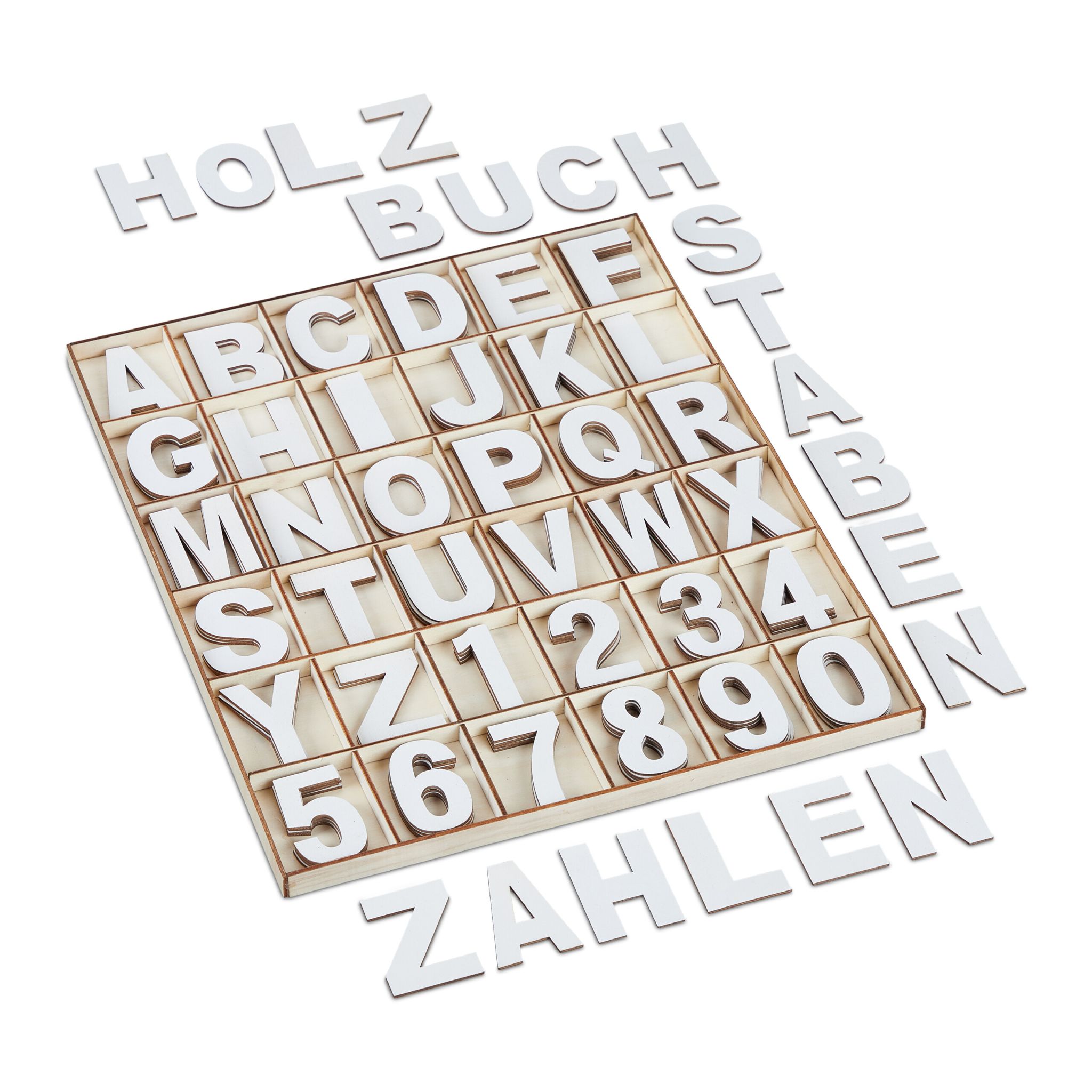 Holzbuchstaben & -zahlen 144er-Set Weiss-Hellbraun