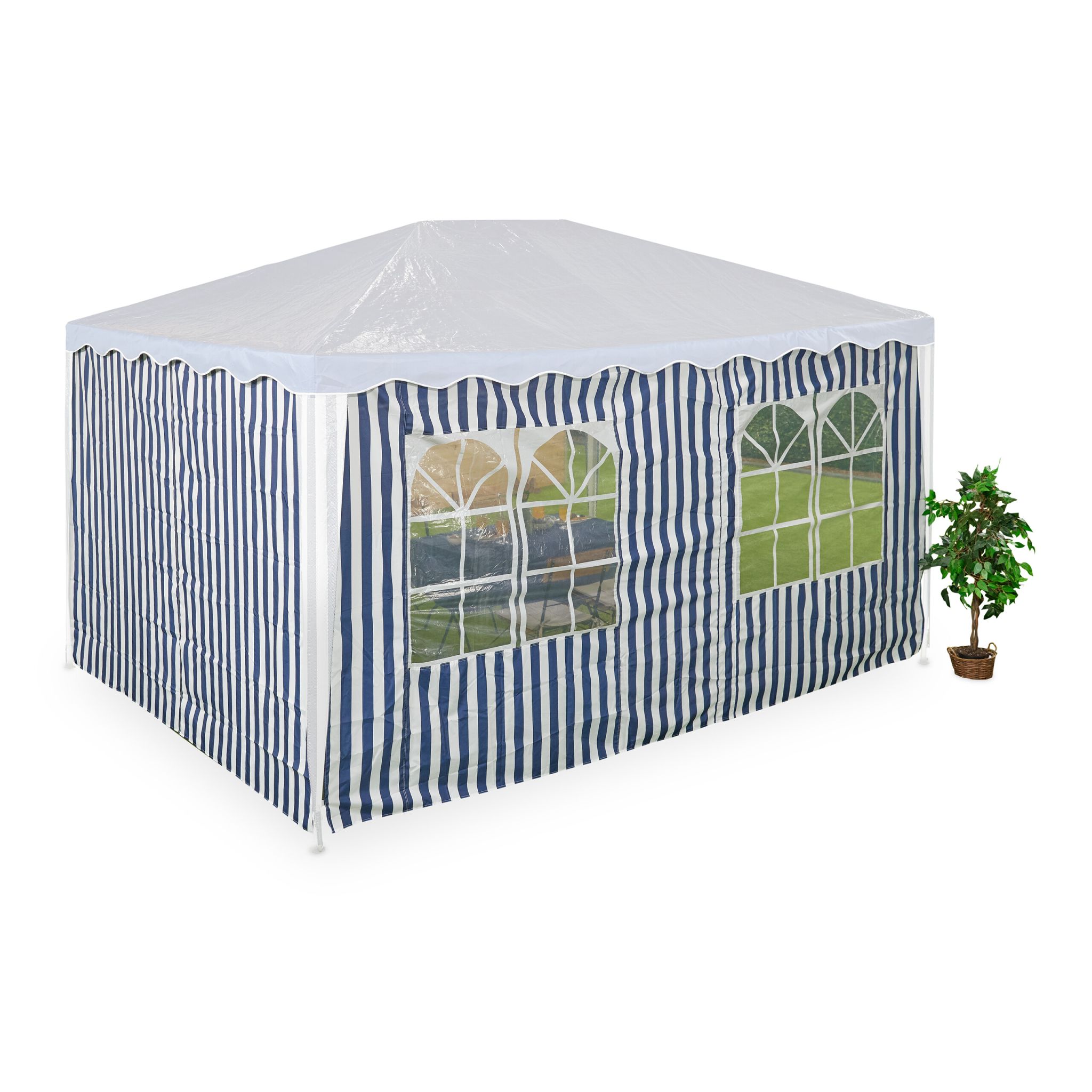 Gestreifte Pavillon Seitenteile 2er-Set Weiss-Dunkelblau-Transparent