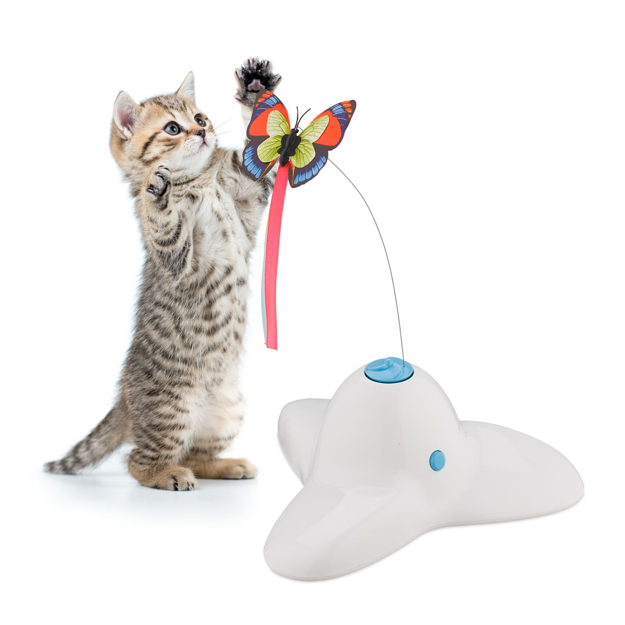 Katzenspielzeug mit Schmetterling Weiss-Hellblau-Rot
