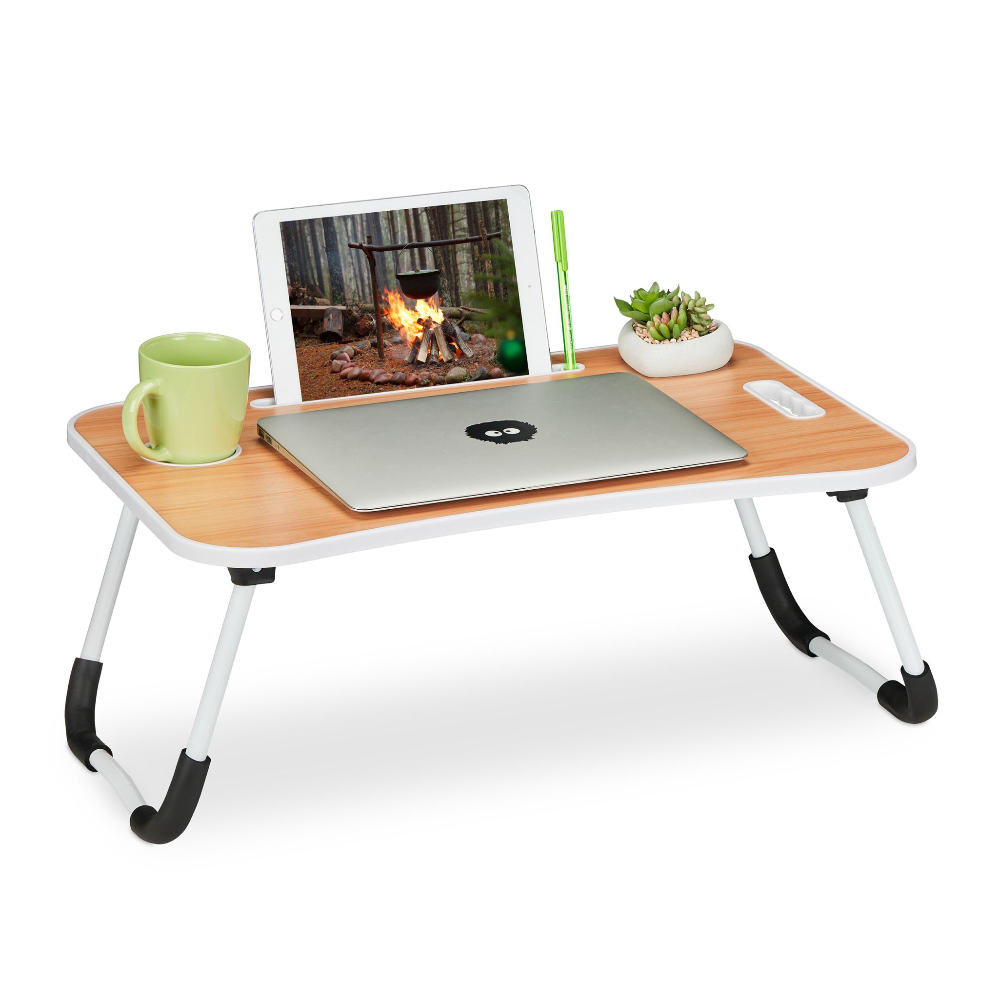 Klappbarer Laptoptisch Weiss-Hellbraun-Schwarz