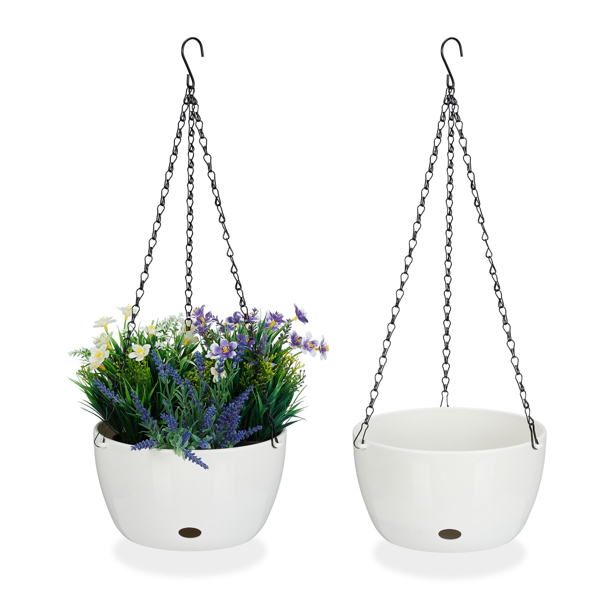 2 Blumenampeln mit Wasserspeicher - L Weiss-Schwarz