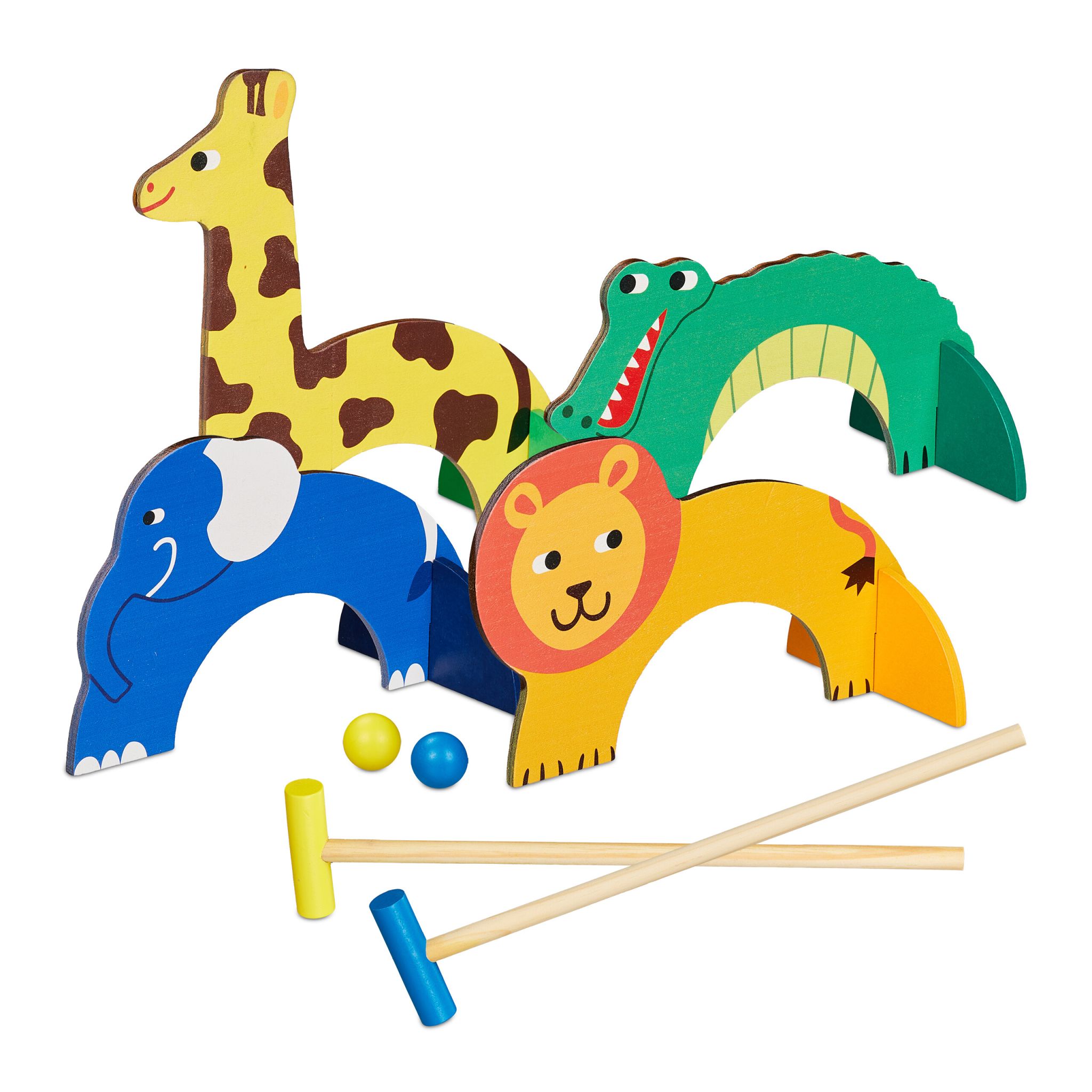 Krocket Spiel für Kinder Tier-Design Blau-Gelb-Hellbraun