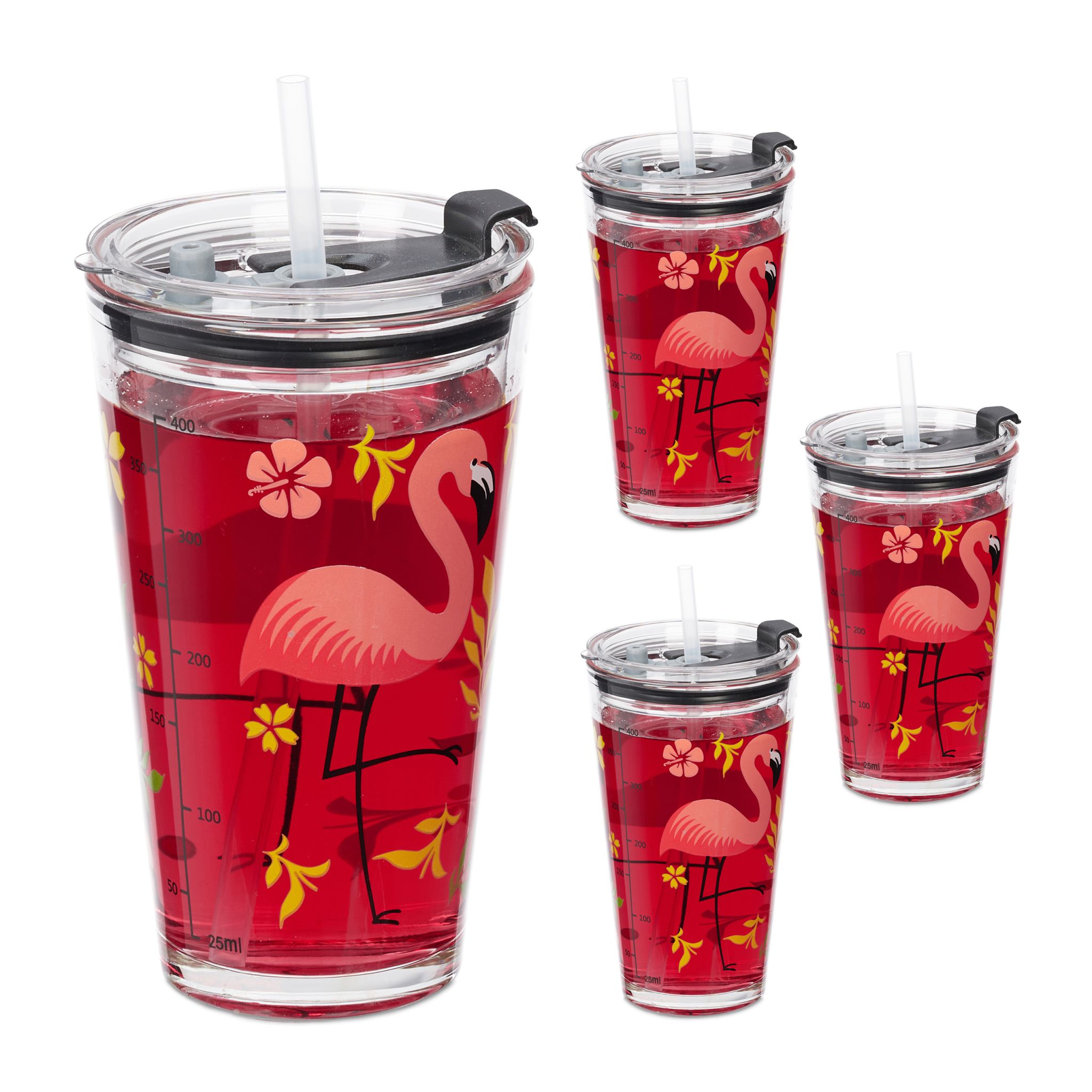 Trinkgläser mit Flamingo-Motiv 4er-Set Grün-Orange-Transparent
