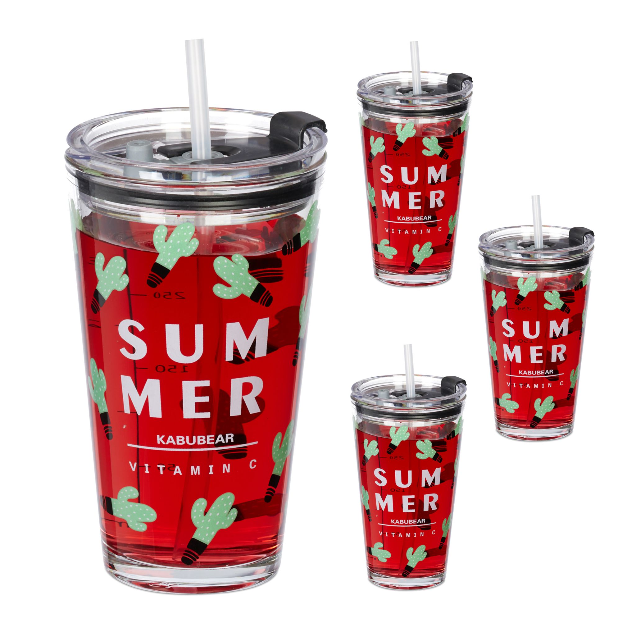 Trinkgläser mit Kaktus-Motiv 4er-Set Grün-Schwarz-Transparent