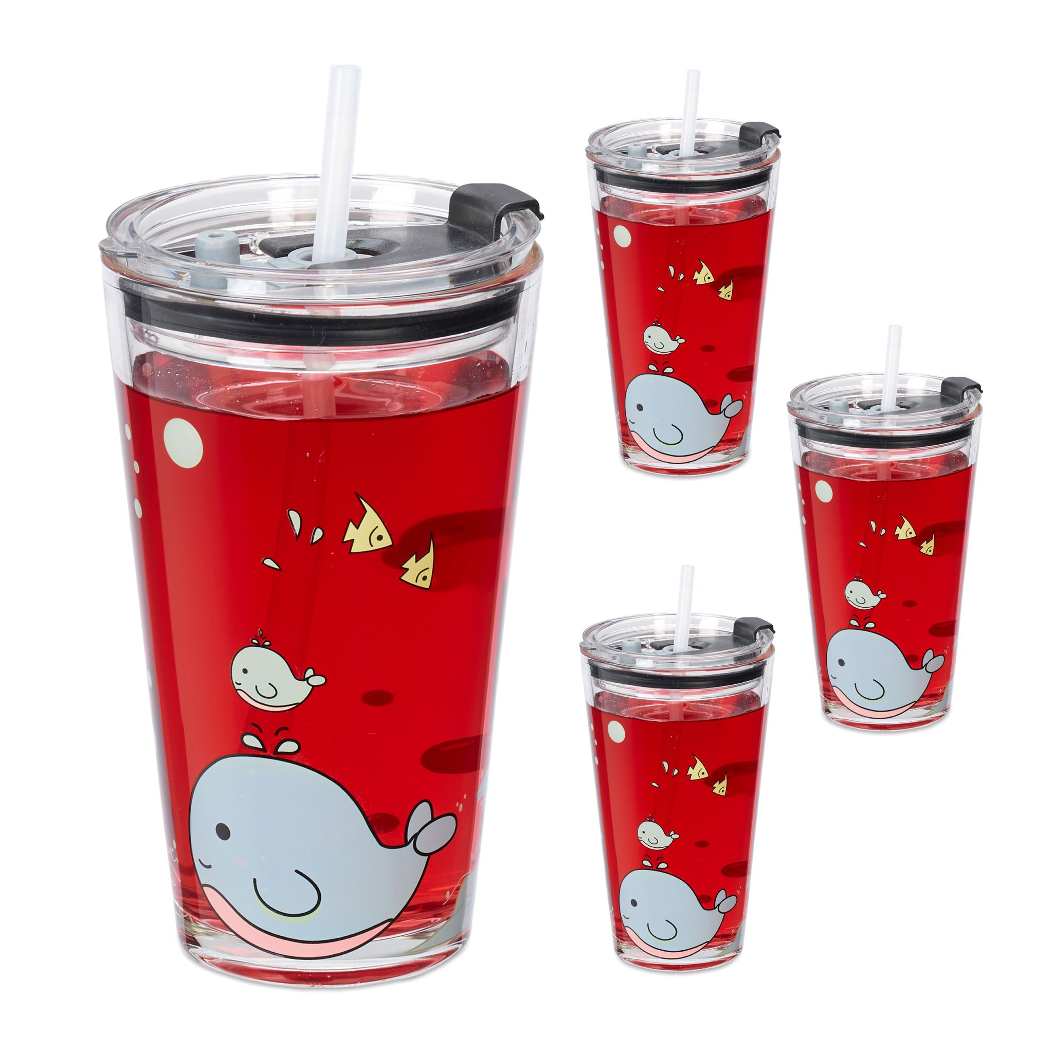 Kindergläser mit Walmotiv 4er-Set Rosa-Transparent-Türkis
