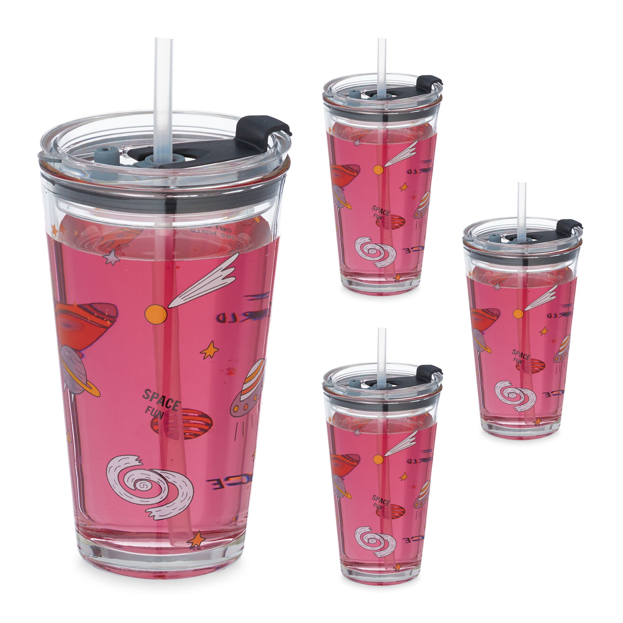 Kindergläser mit Weltraum-Motiv 4er-Set Gelb-Transparent-Grau