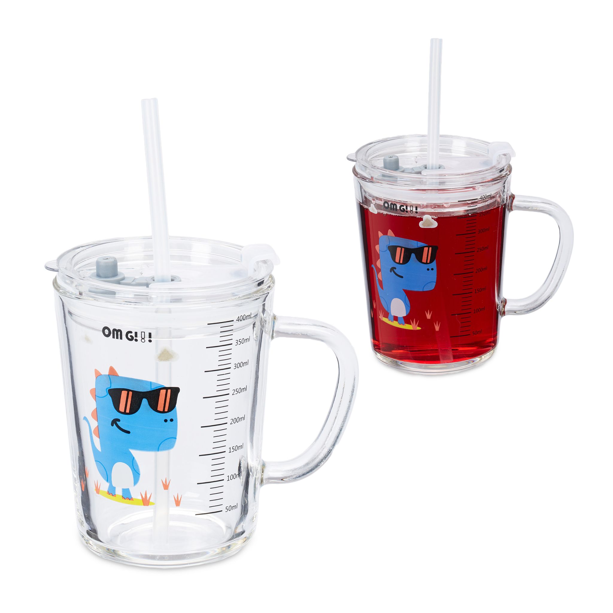 Kindergläser mit Dinomotiv 2er-Set Blau-Rot-Transparent