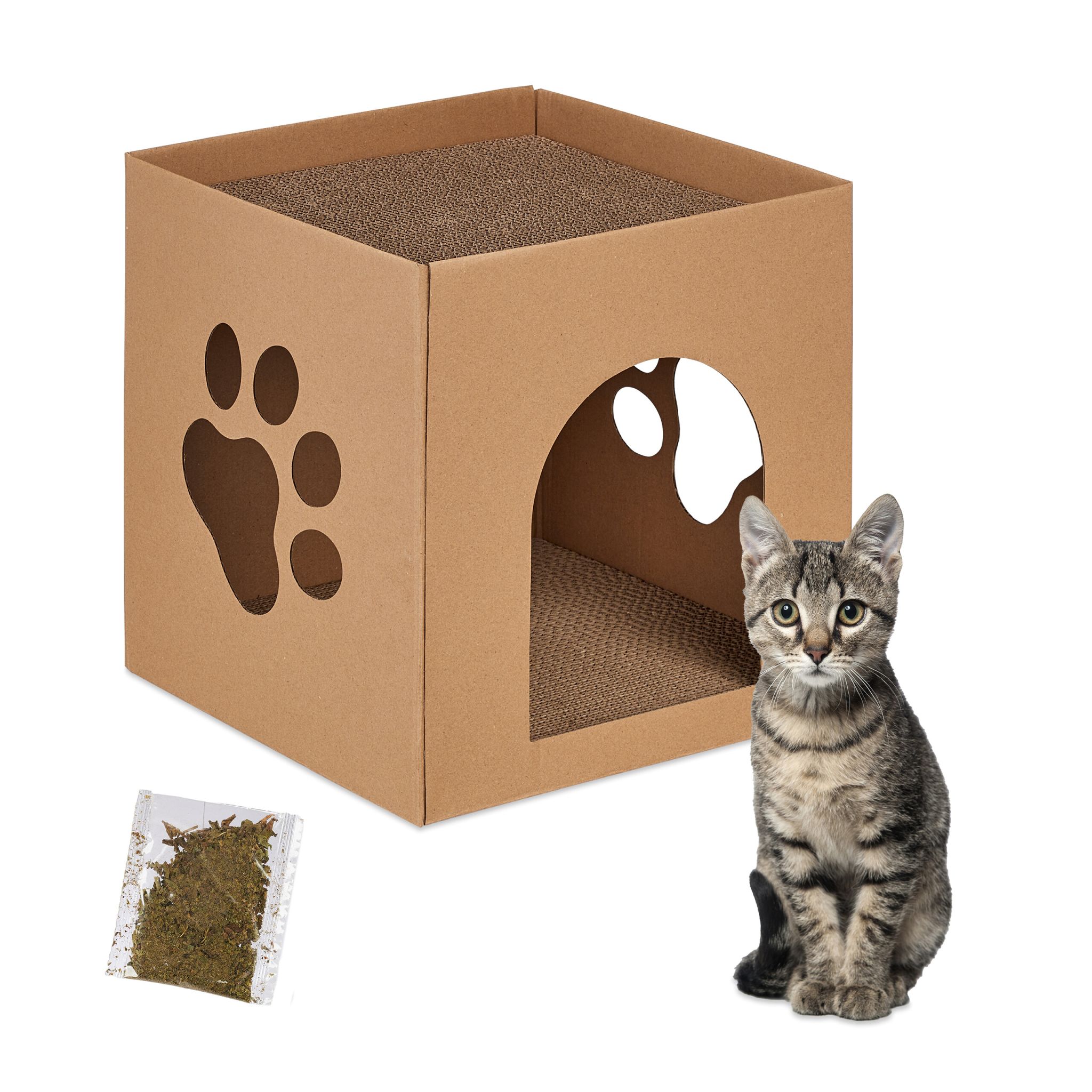 Katzenhaus Pappe mit Kratzbrett Hellbraun
