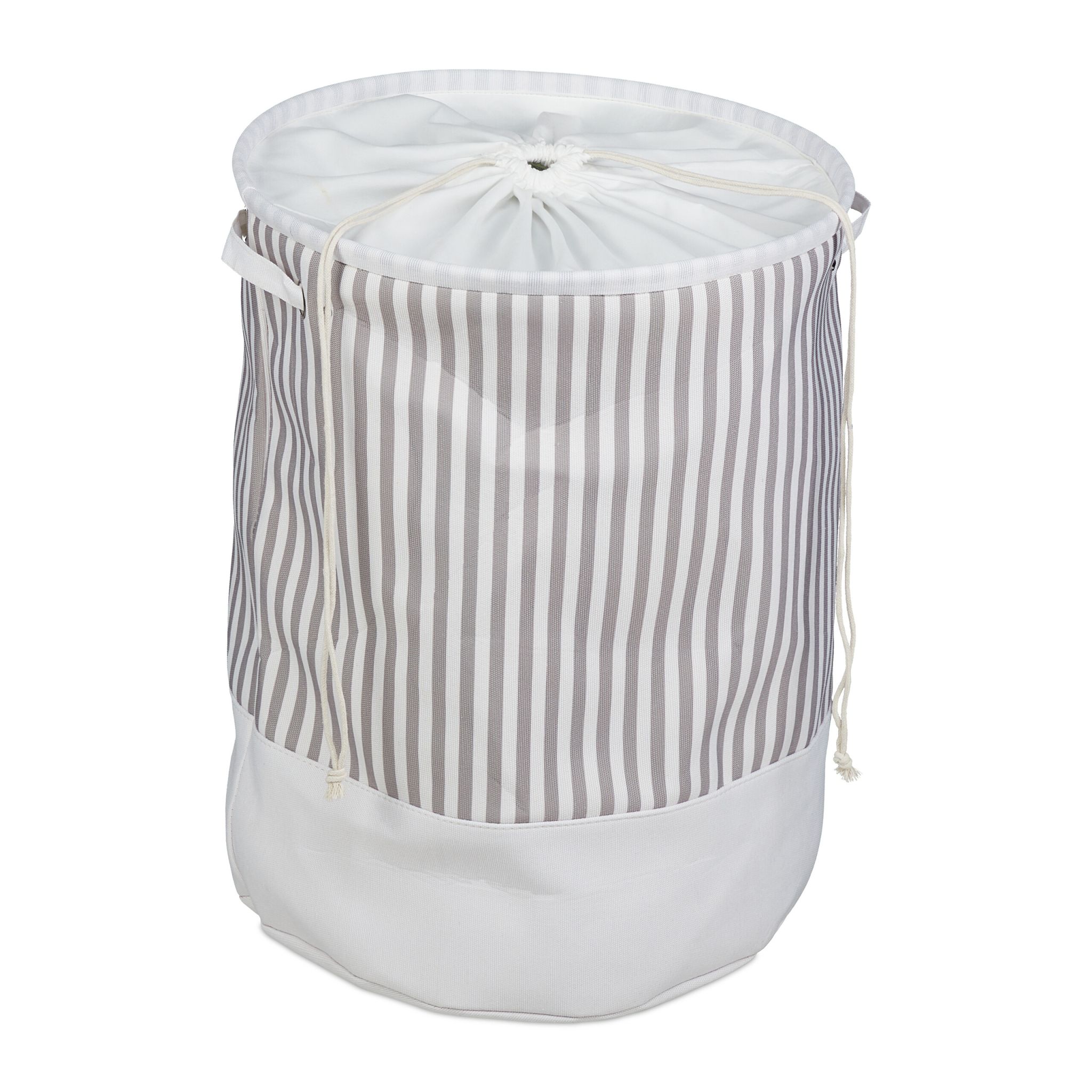 Wäschekorb Stoff mit Streifen Weiss-Creme-Grau