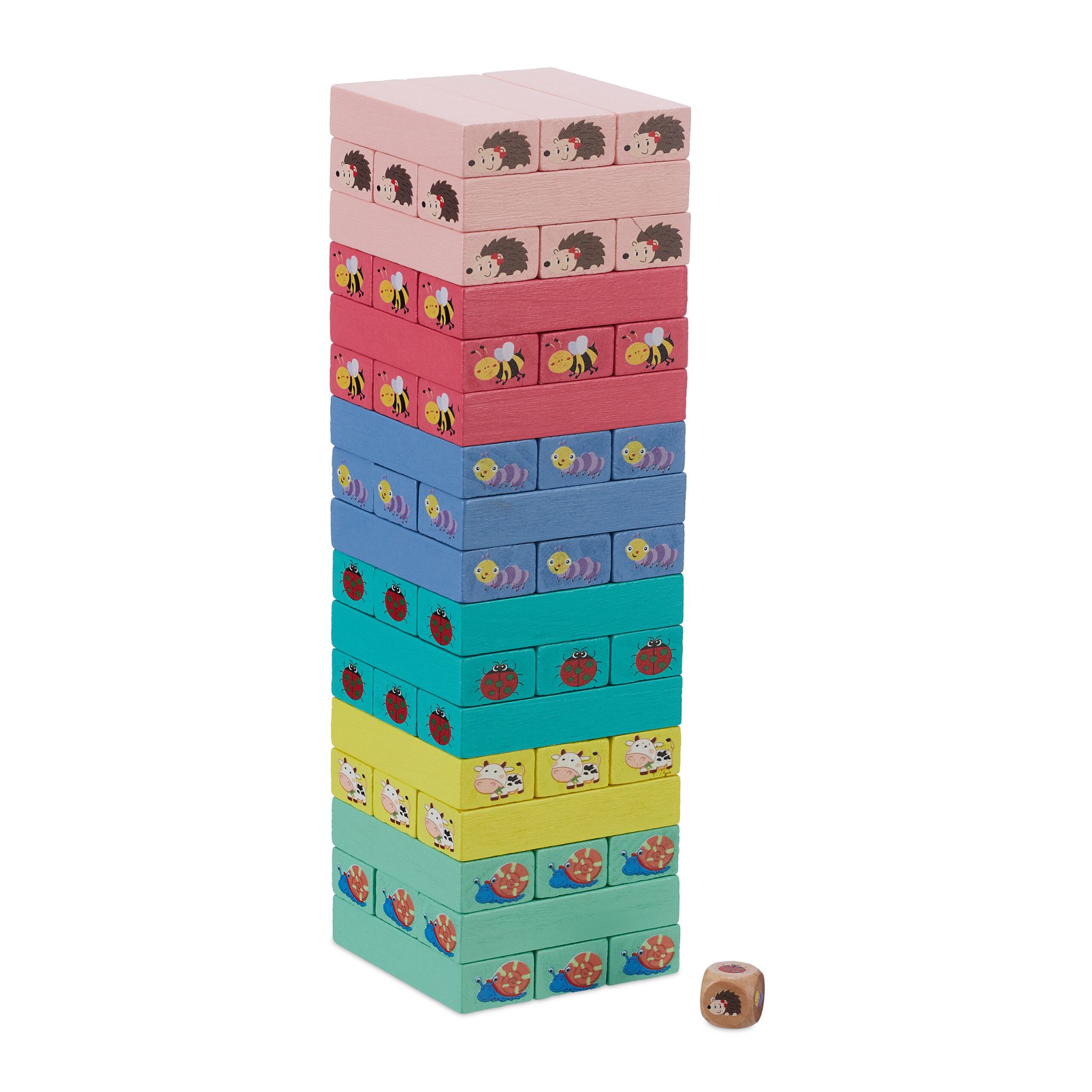 Wackelturm Holz mit Tieren Gelb-Rosa-Türkis