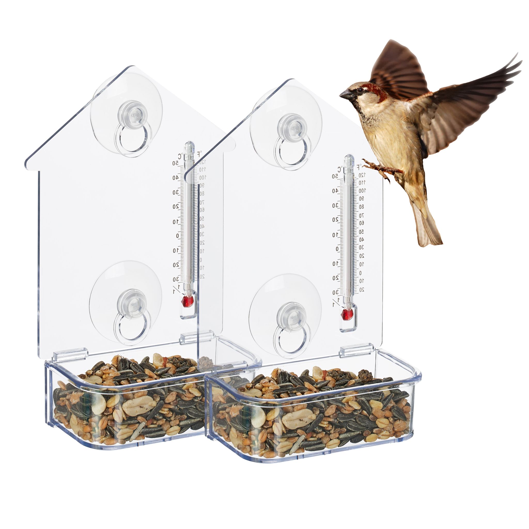 Fenster-Vogelfutterhaus mit Thermometer Rot-Transparent