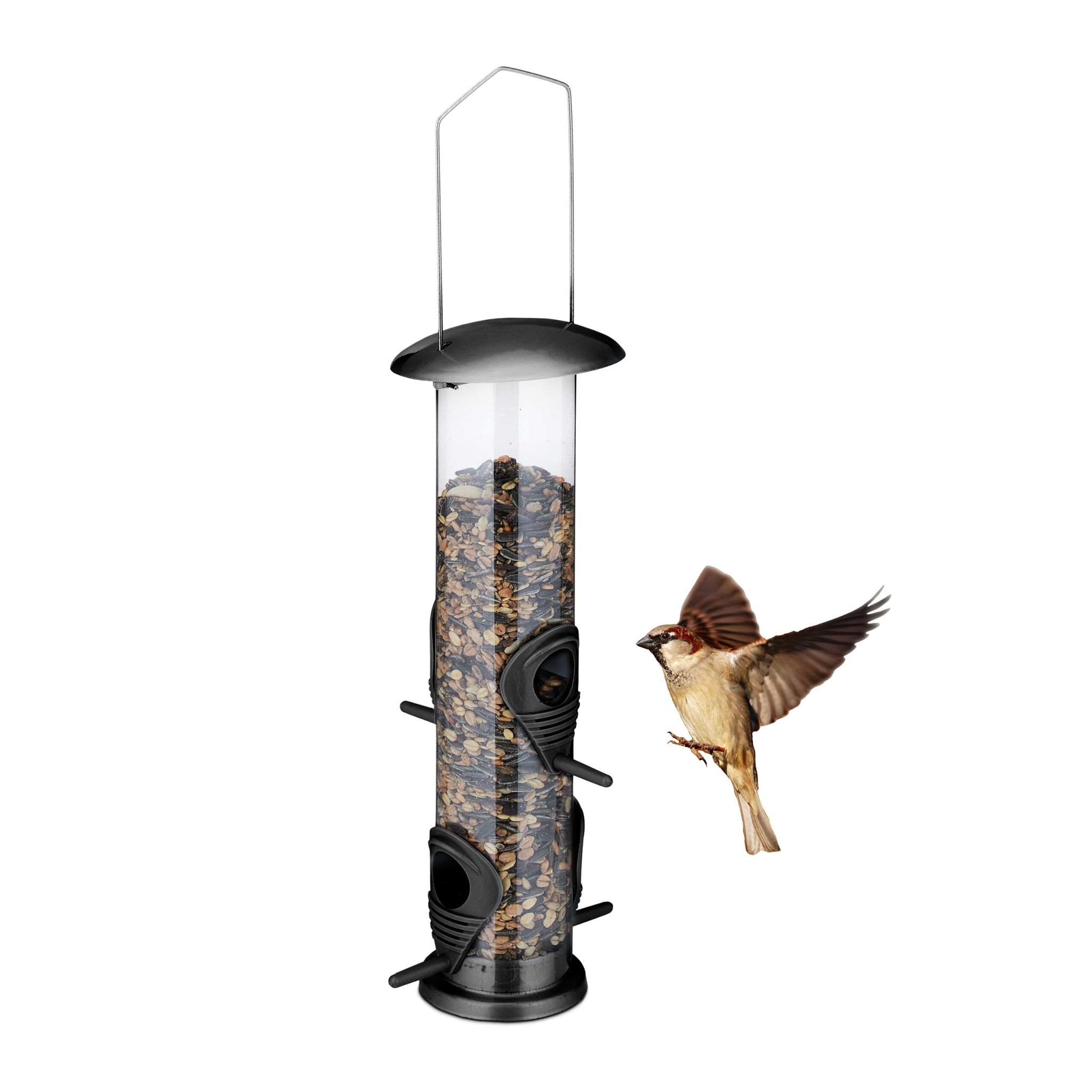 Vogelfutterspender zum Aufhängen Schwarz-Silber-Transparent