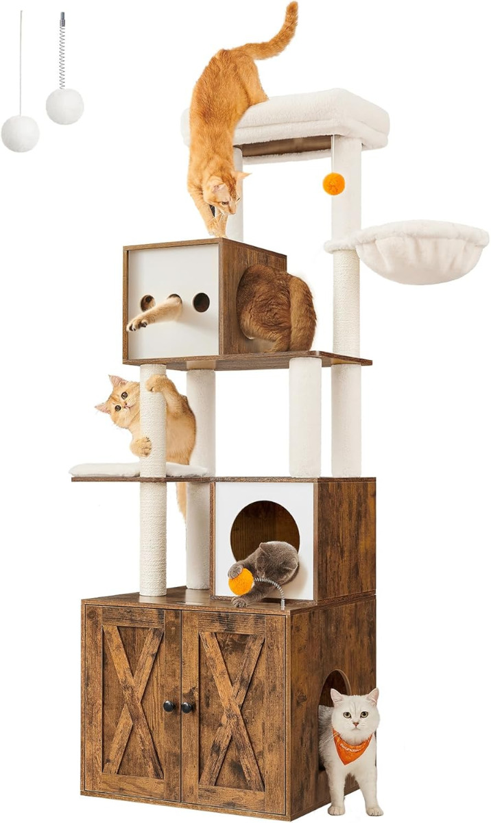 Kratzbaum mit Katzenklo-Schrank vintagebraun