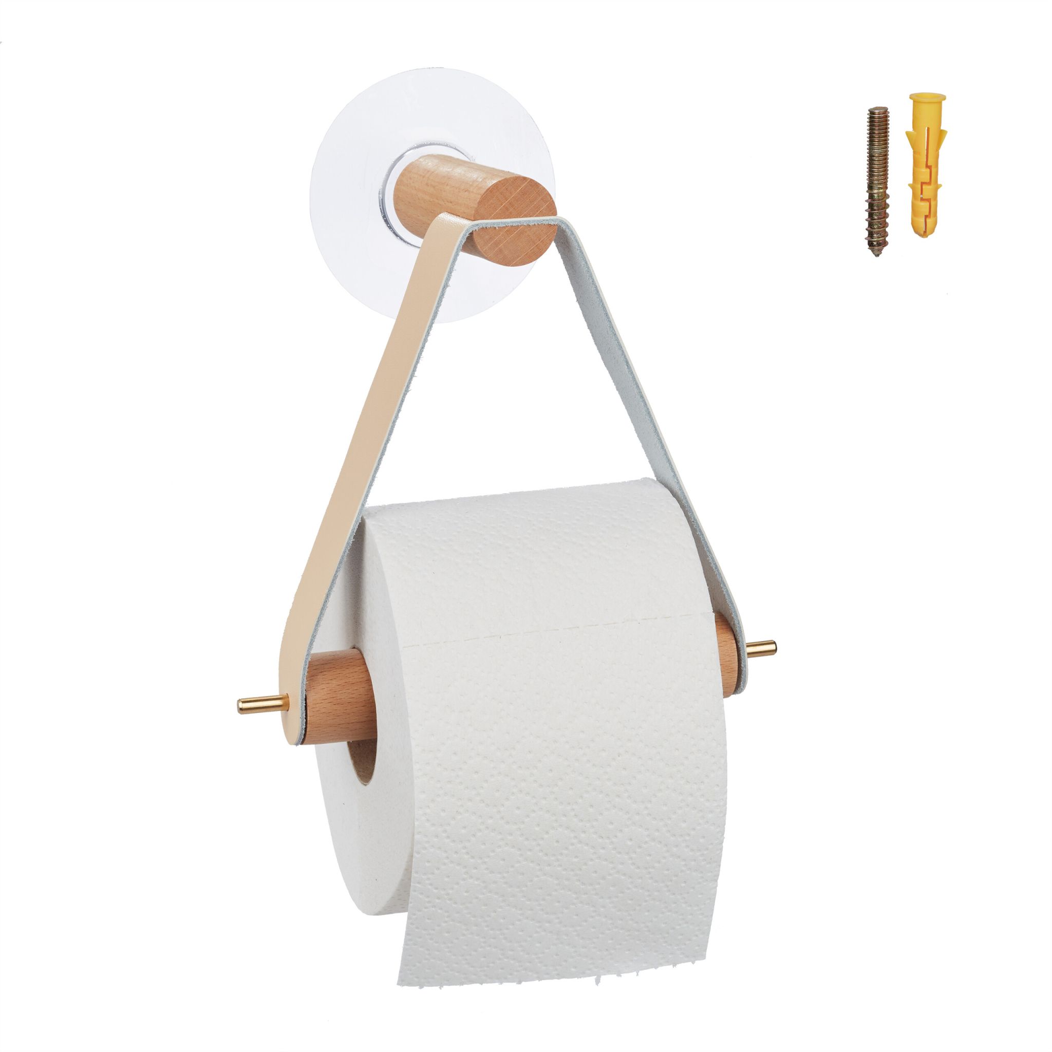 Toilettenpapierhalter Holz mit Band Beige-Hellbraun