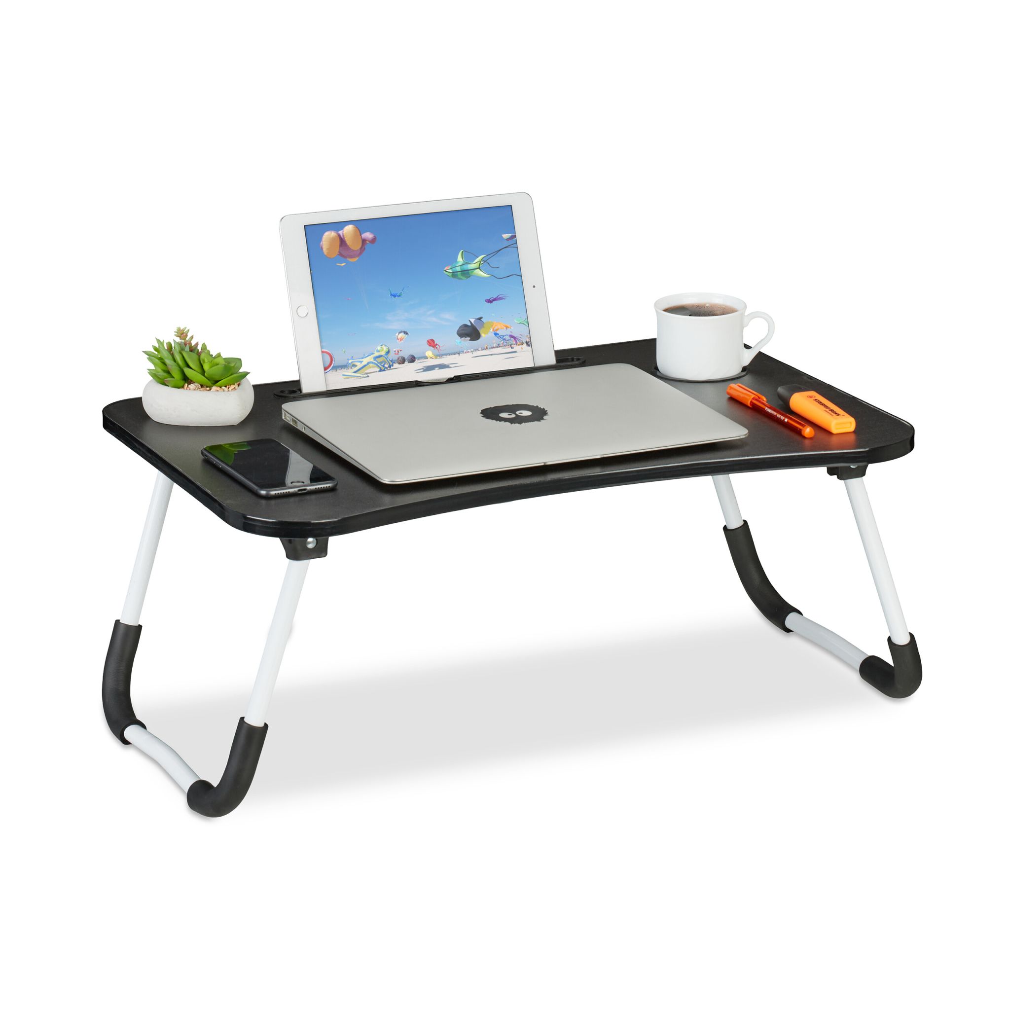 Laptoptisch mit Tablet- & Getränkehalter Weiss-Schwarz