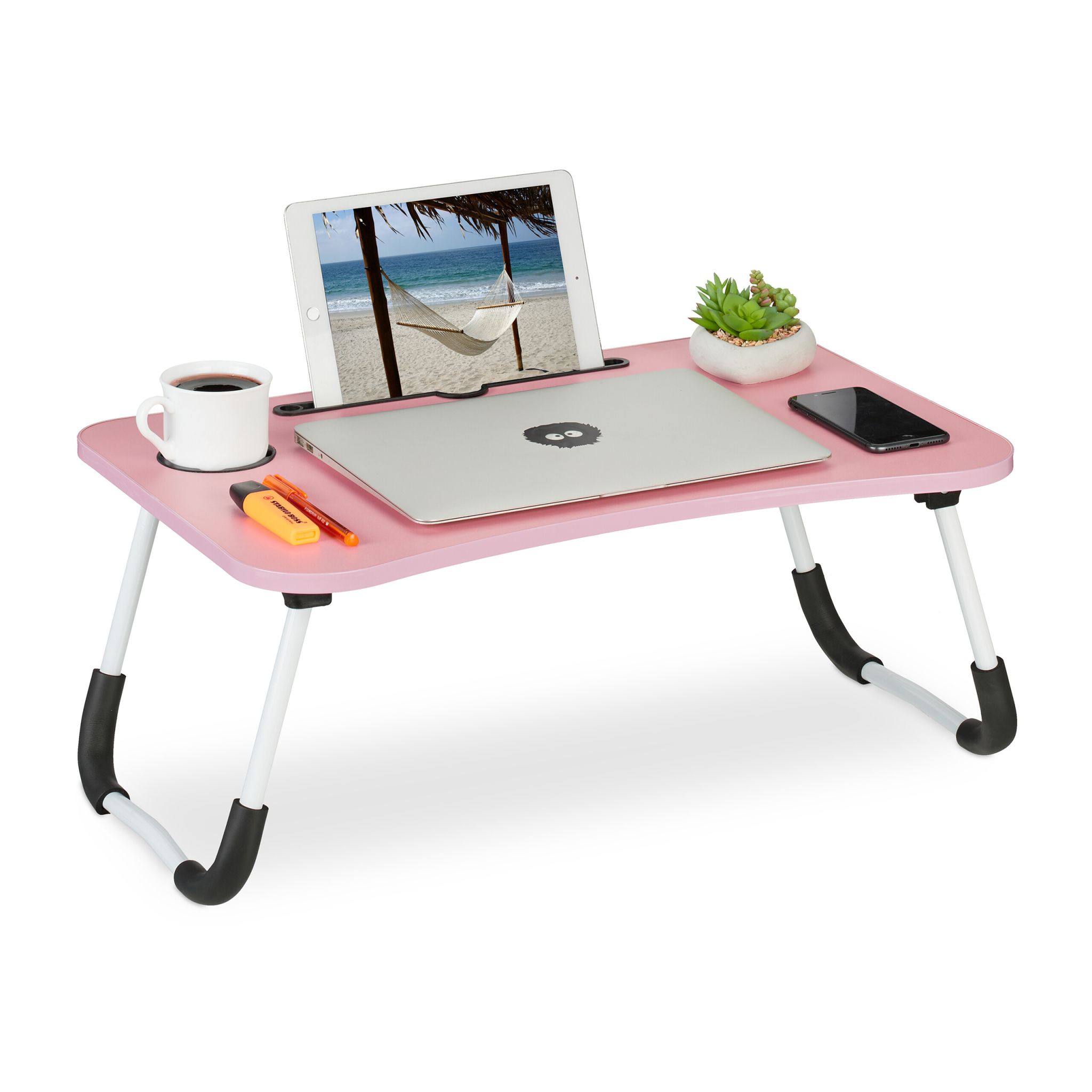 Laptoptisch mit Tablet- & Getränkehalter Weiss-Rosa-Schwarz