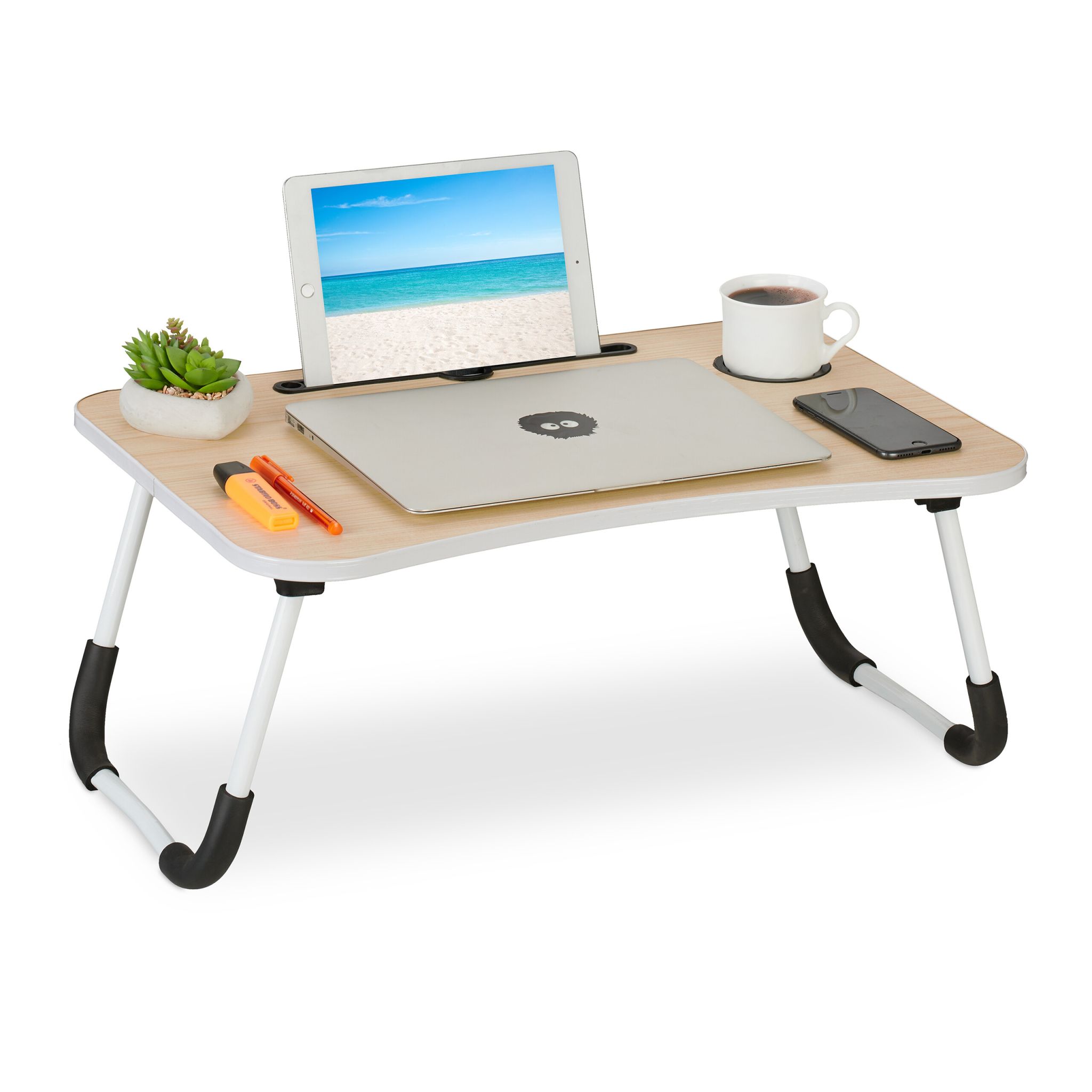 Laptoptisch mit Tablet- & Getränkehalter Weiss-Hellbraun-Schwarz