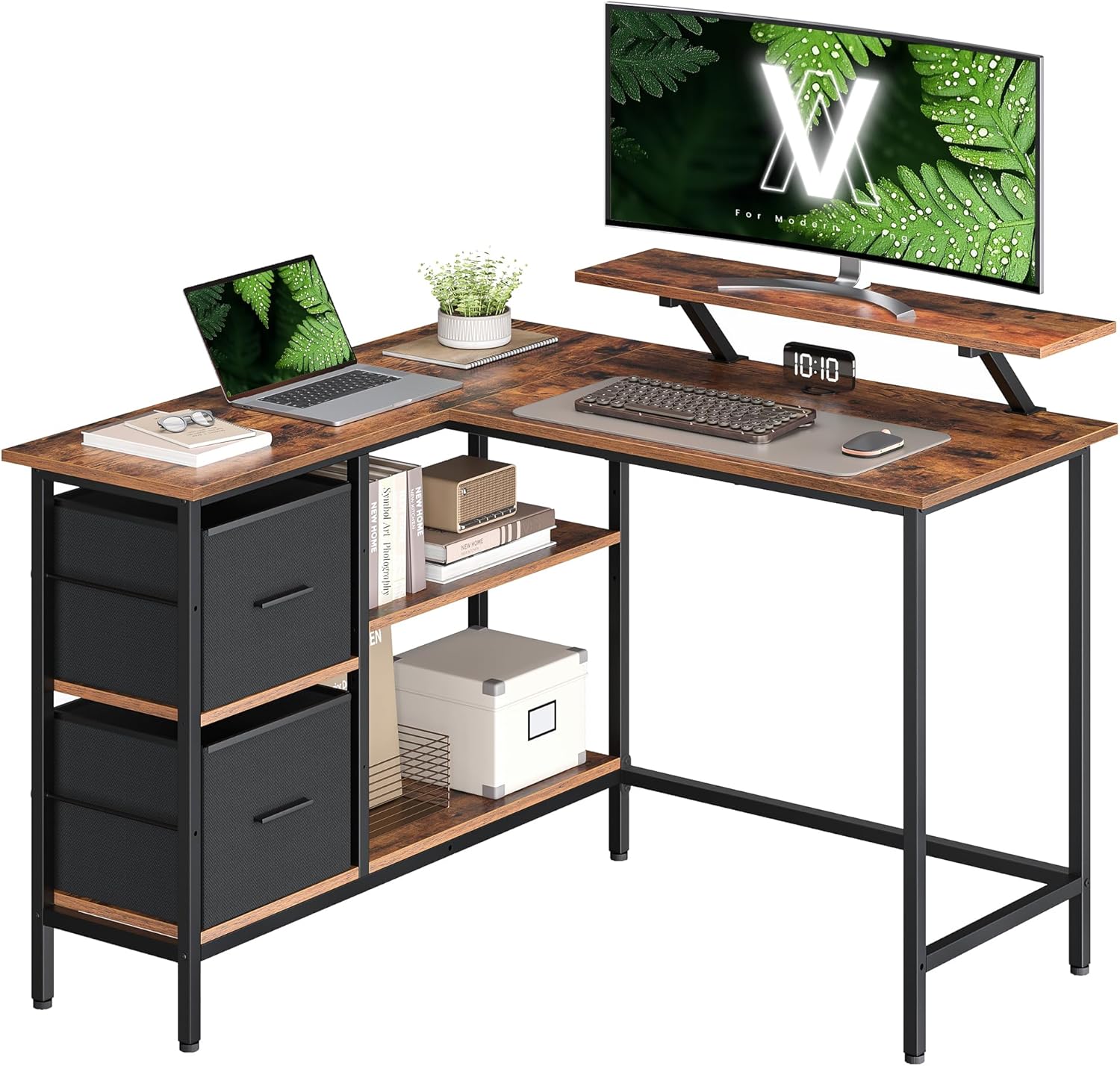 L-Schreibtisch mit Schubladen vintage braun