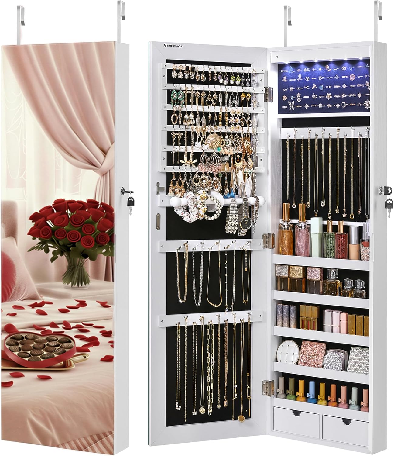Schmuckschrank mit LED-Spiegel Weiss
