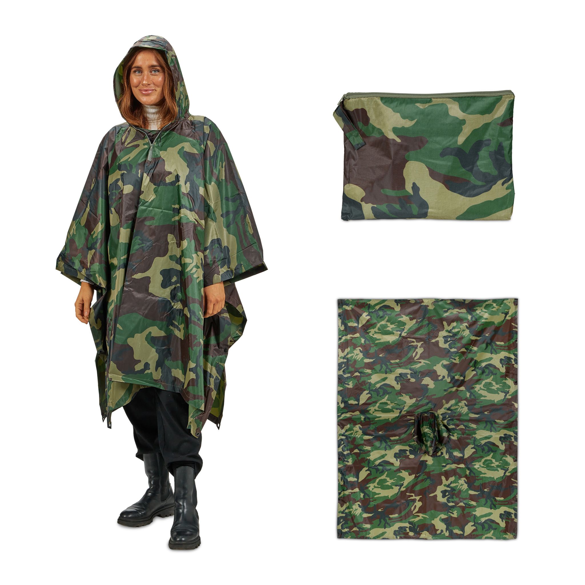 Regenponcho Mehrzweck 3 in 1 Tarn Braun-Dunkelgrün-Schwarz
