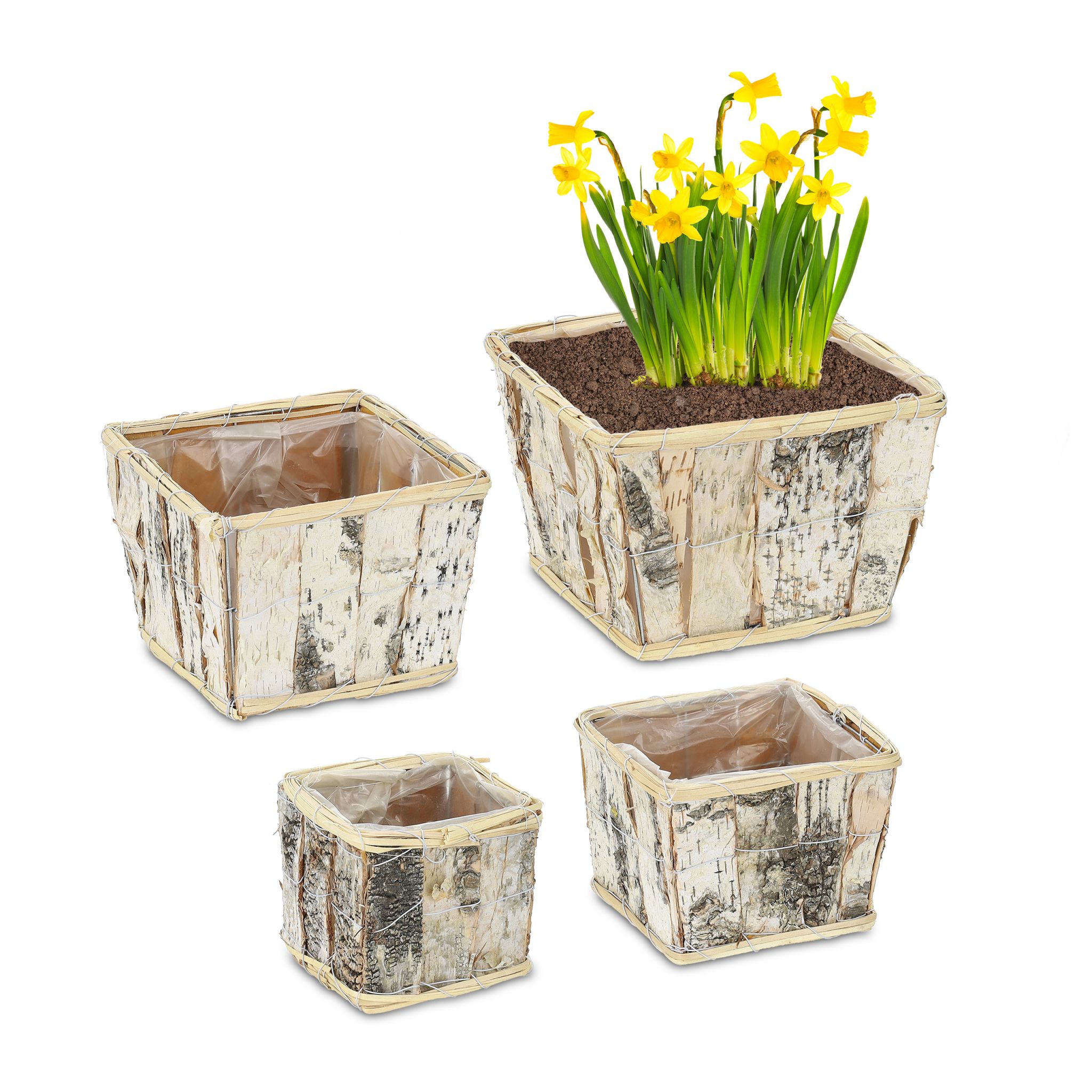 Eckiger Blumentopf Birke 4er-Set Weiss-Hellbraun-Schwarz