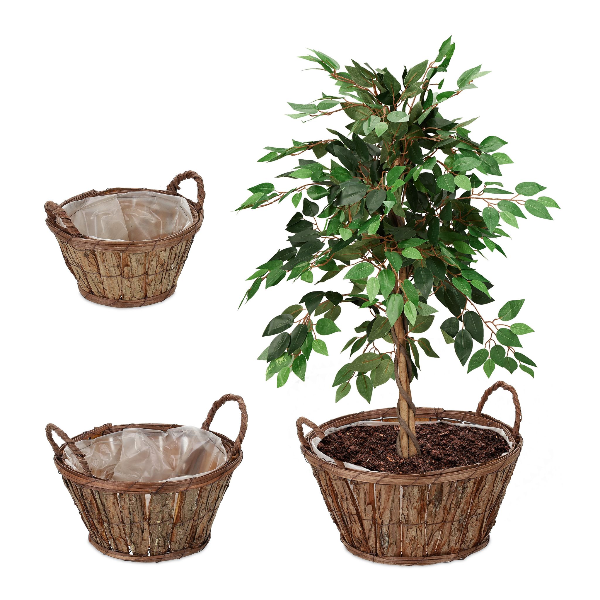 Runder Blumentopf Holz 3er-Set Weiss-Braun