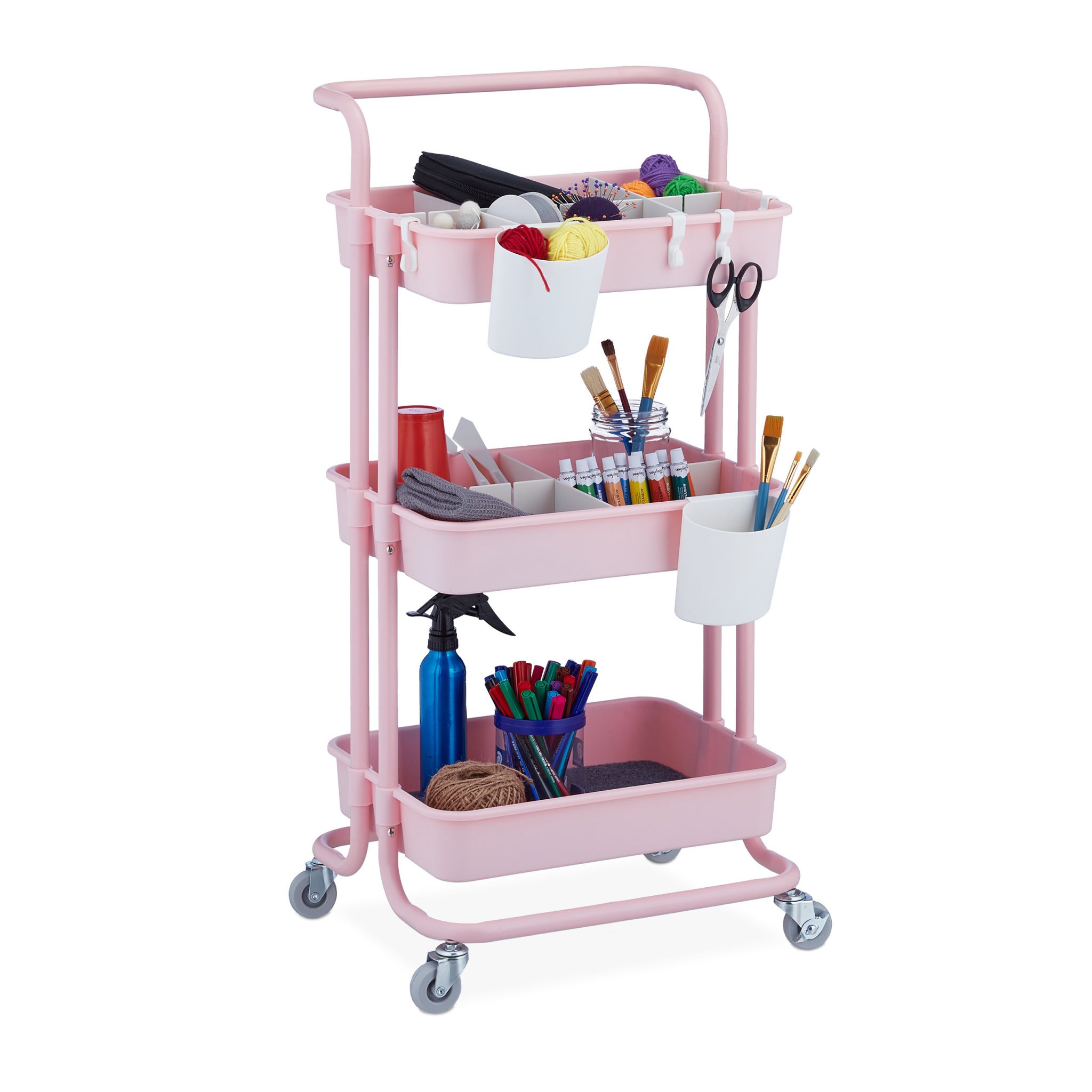 Rollwagen mit 3 Etagen Weiss-Rosa